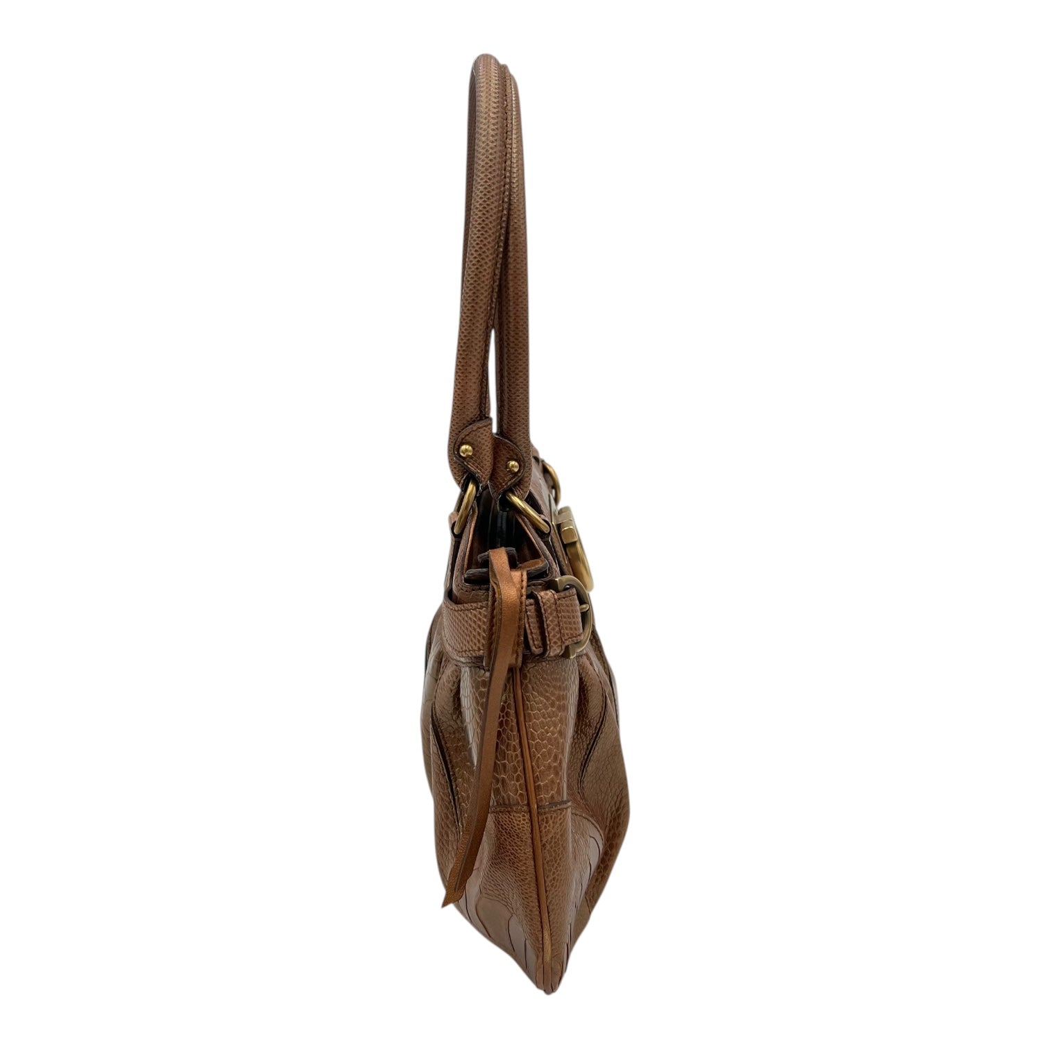 Salvatore Ferragamo Gancini Shoulder Bag Brown in Python Embossed Calfskin, Gold hardware_3