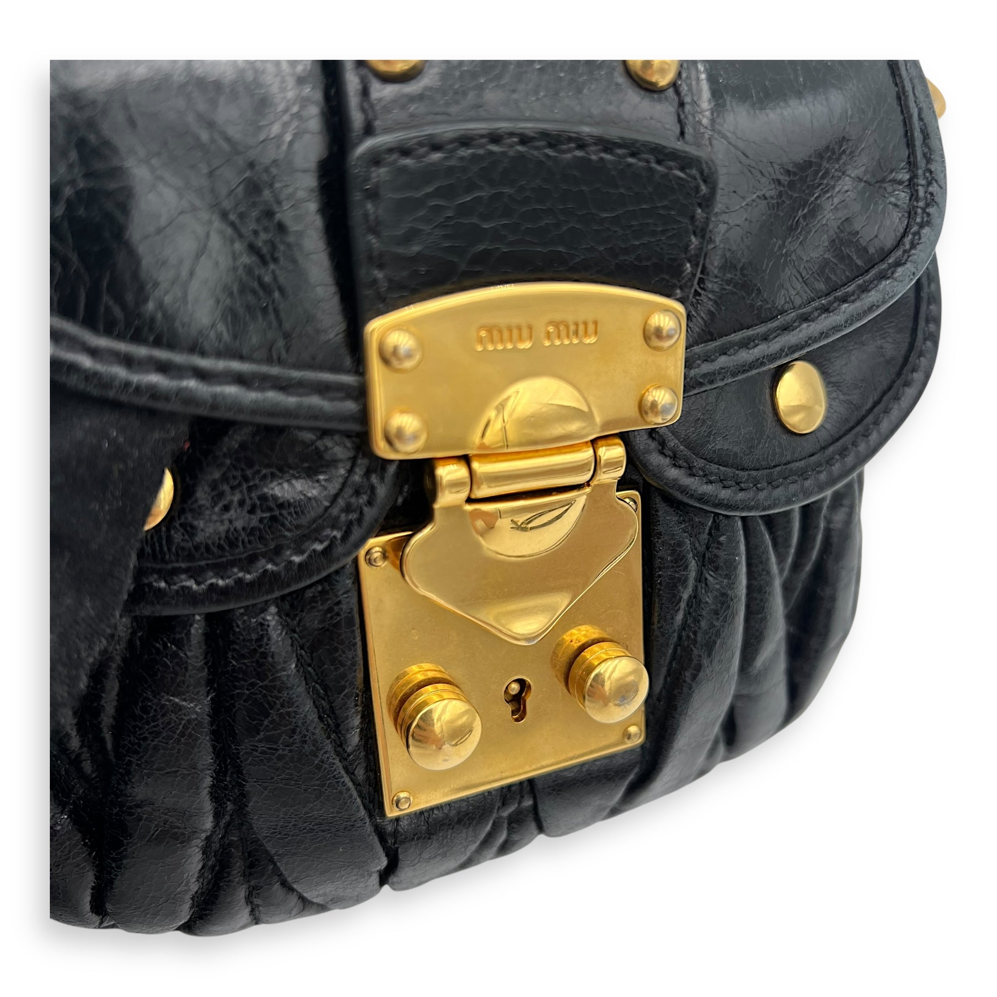 Miu Miu Coffer Crossbody Bag Black in Calfskin, Gold hardware_7