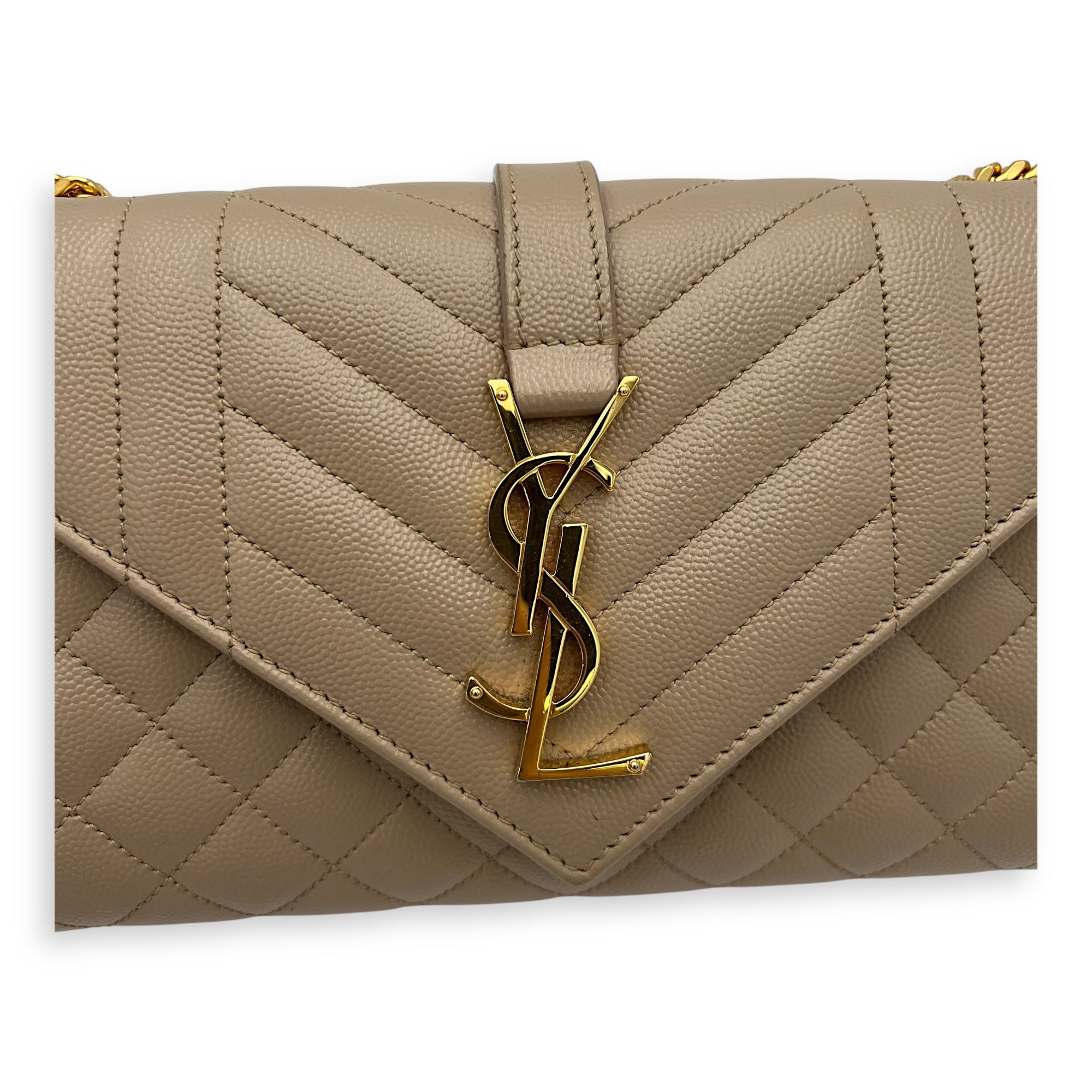 Saint Laurent Envelope Crossbody Bag Small Beige in Calfskin, Gold hardware_8