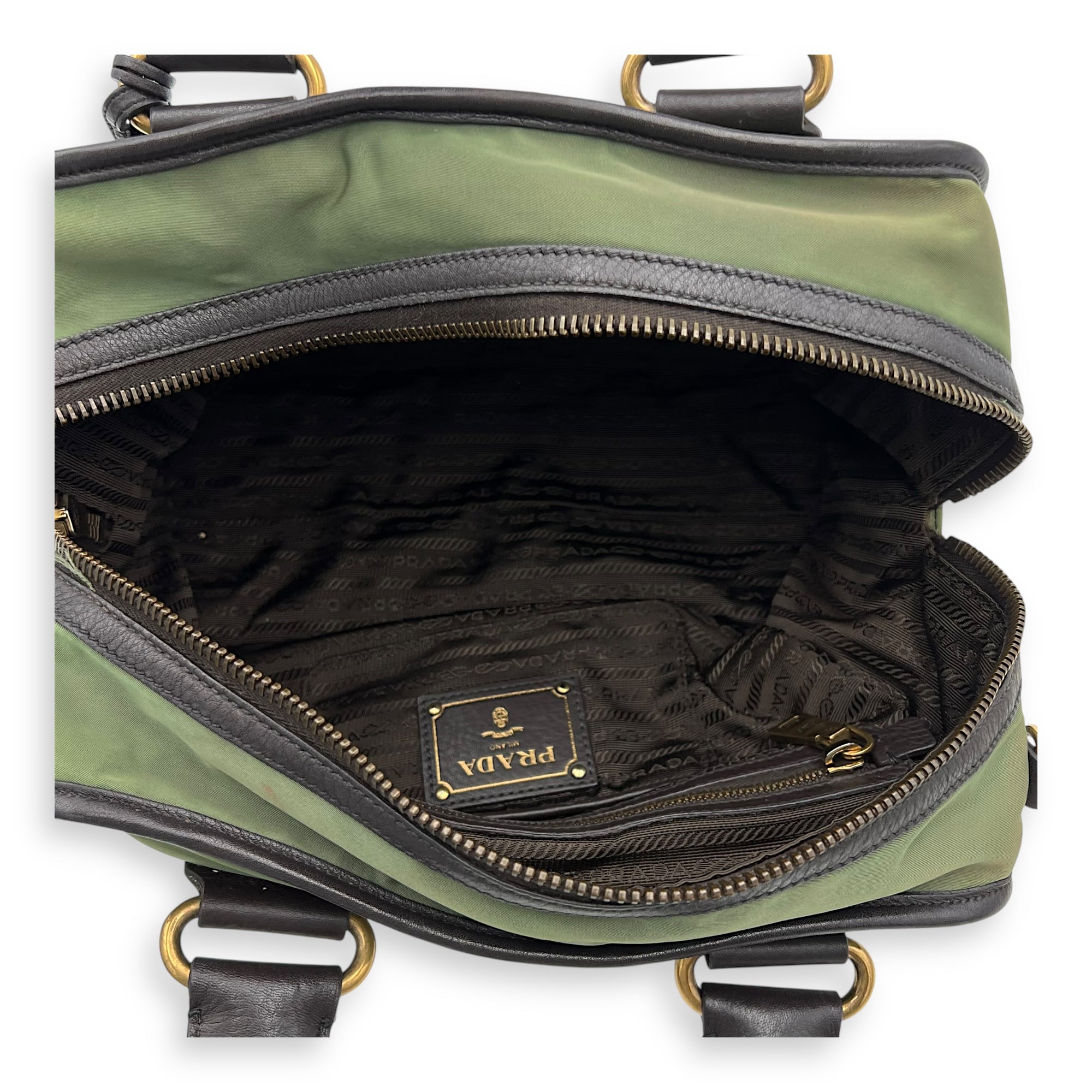 Prada Logo Top Handle Bag Green in Nylon, Gold hardware_6