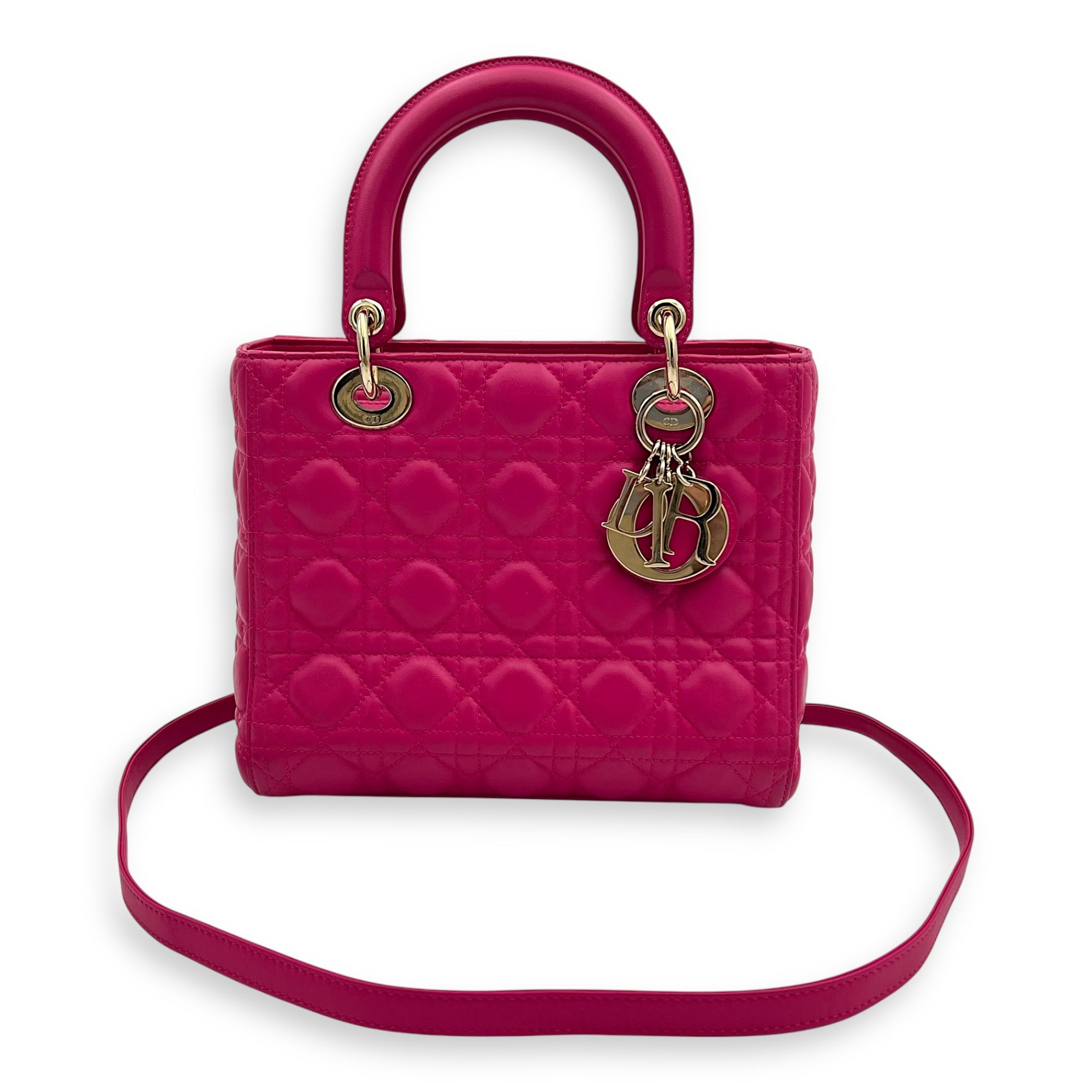 Dior Lady Dior Top Handle Bag Medium Pink in Calfskin, Gold hardware_16