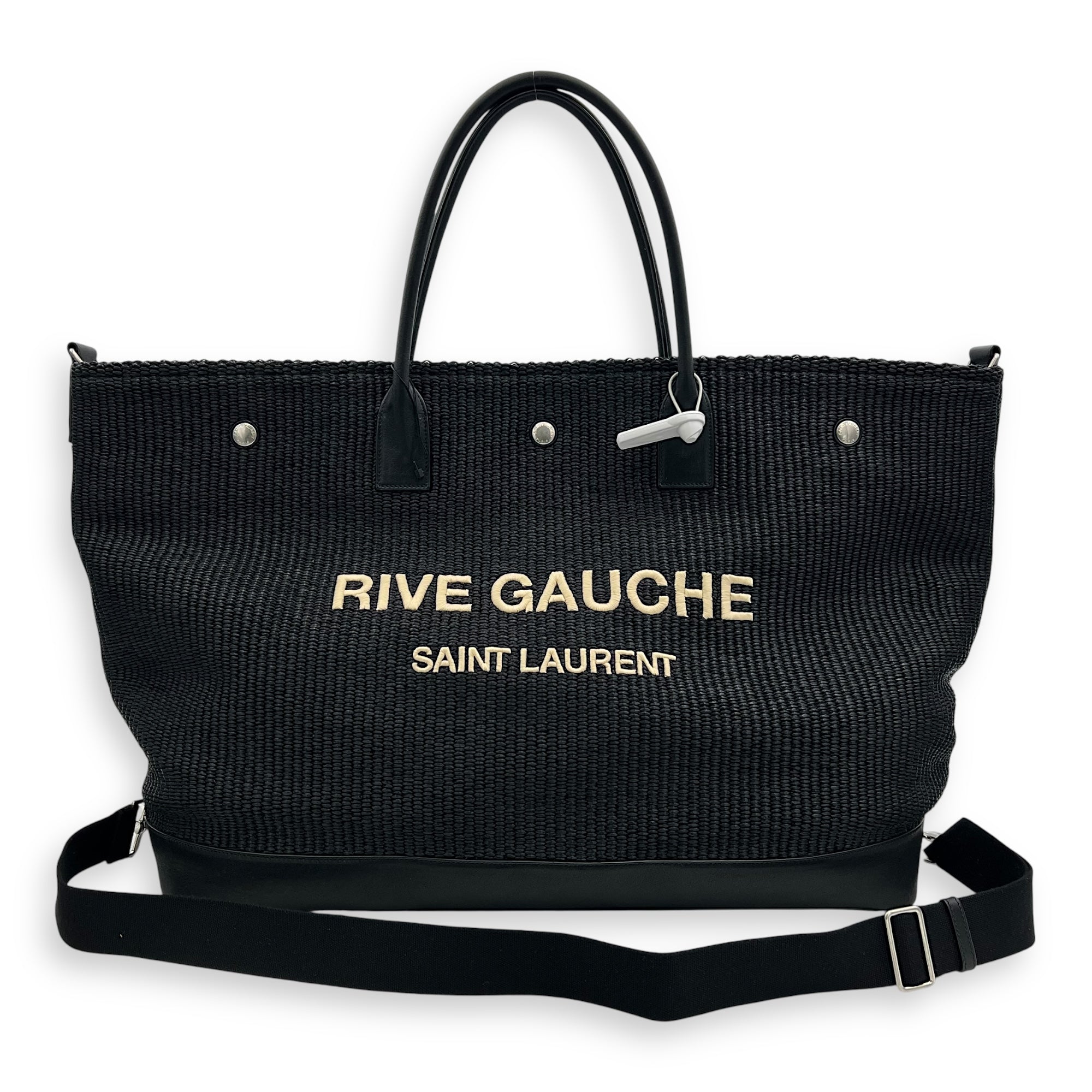 Saint Laurent Rive Gauche Tote Bag Black in Raffia, Silver hardware_10