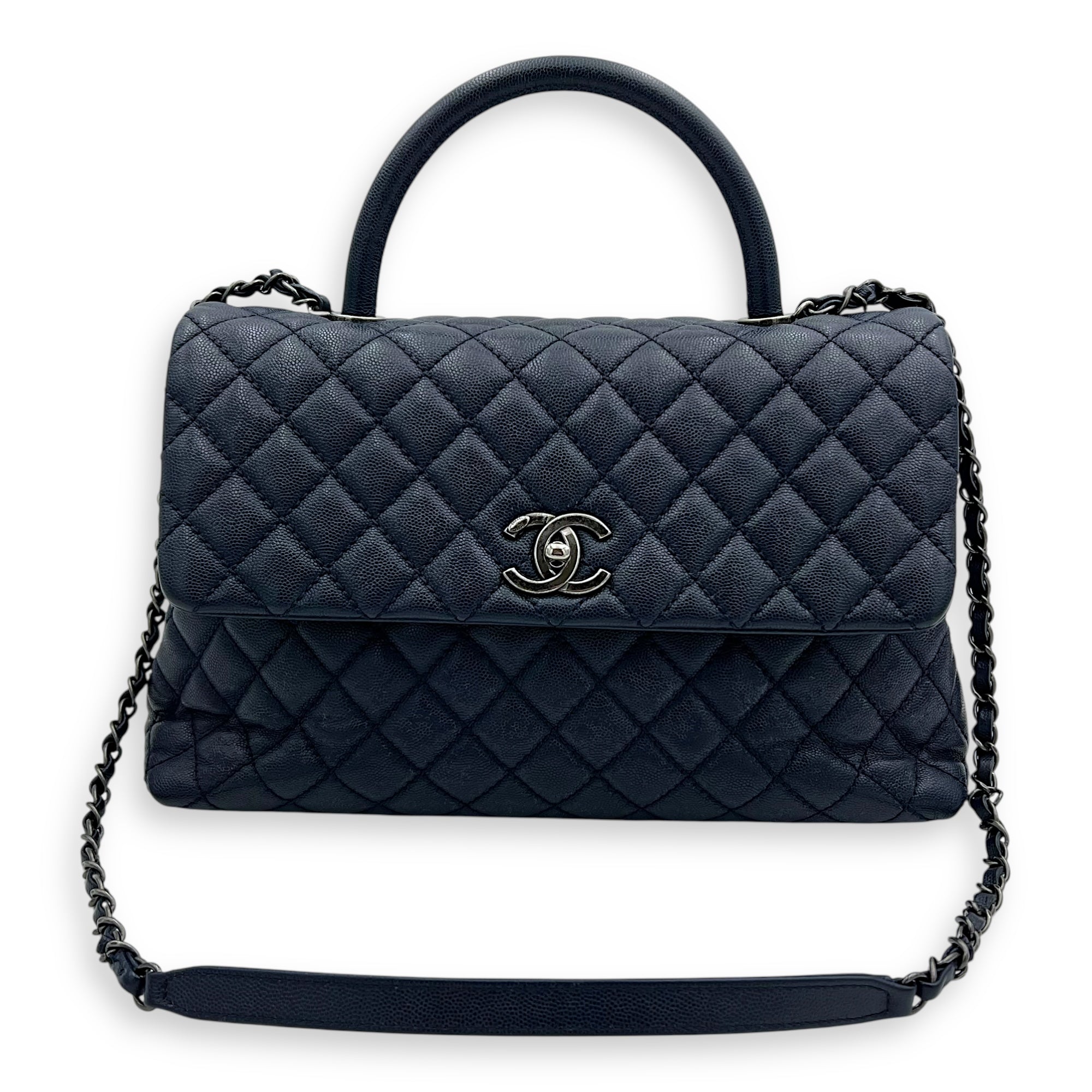 Chanel Coco Handle Quilted Top Handle Bag Blue in Caviar Leather, Silver hardware_16