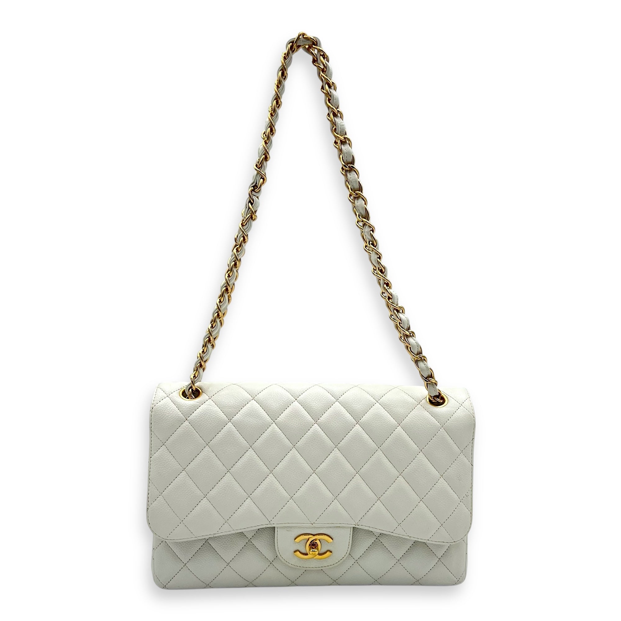 Chanel Classic Shoulder Bag Jumbo White in Caviar Leather, Gold hardware_3