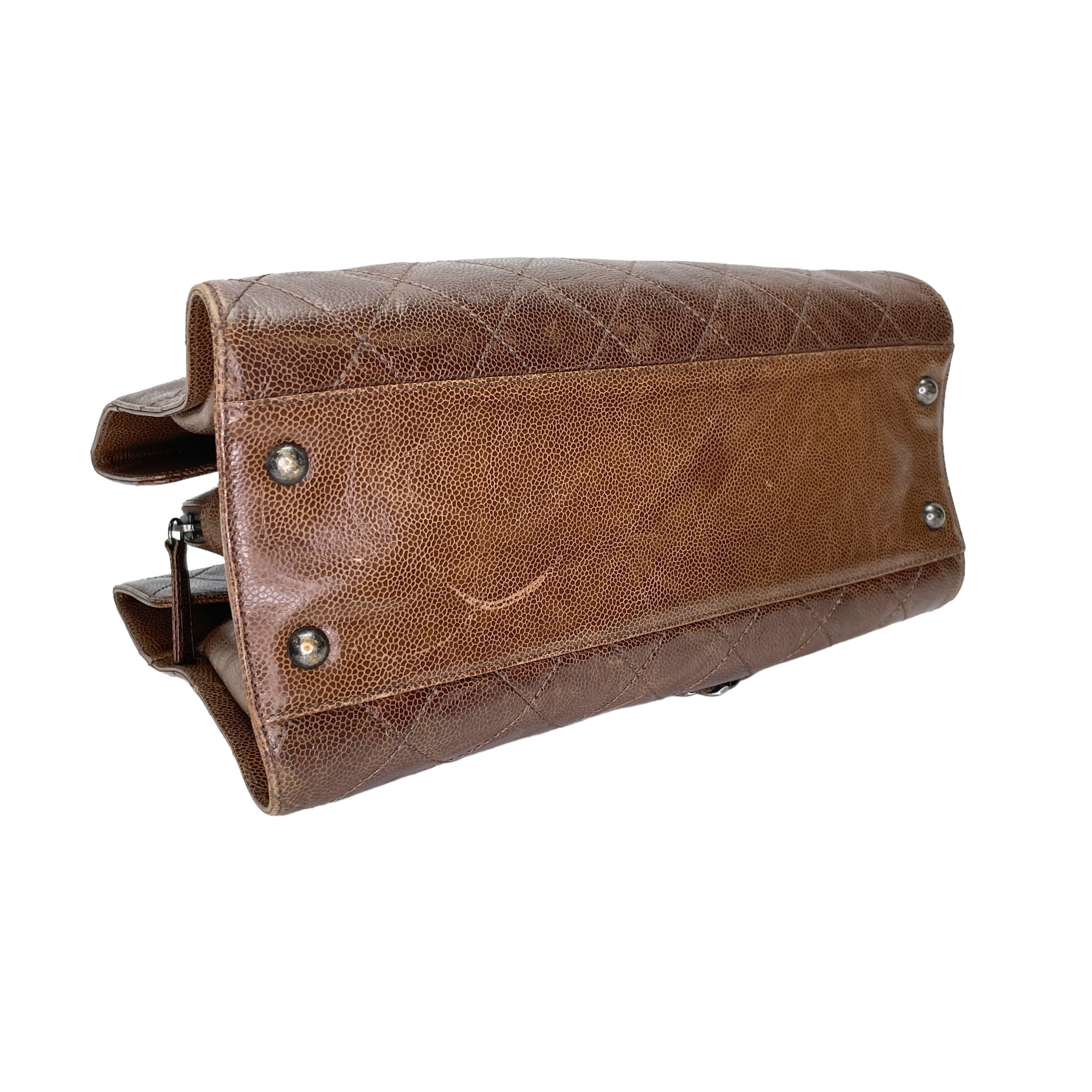 Two-way Brown Top Handle Bag in Caviar Leather, Ruthenium hardware