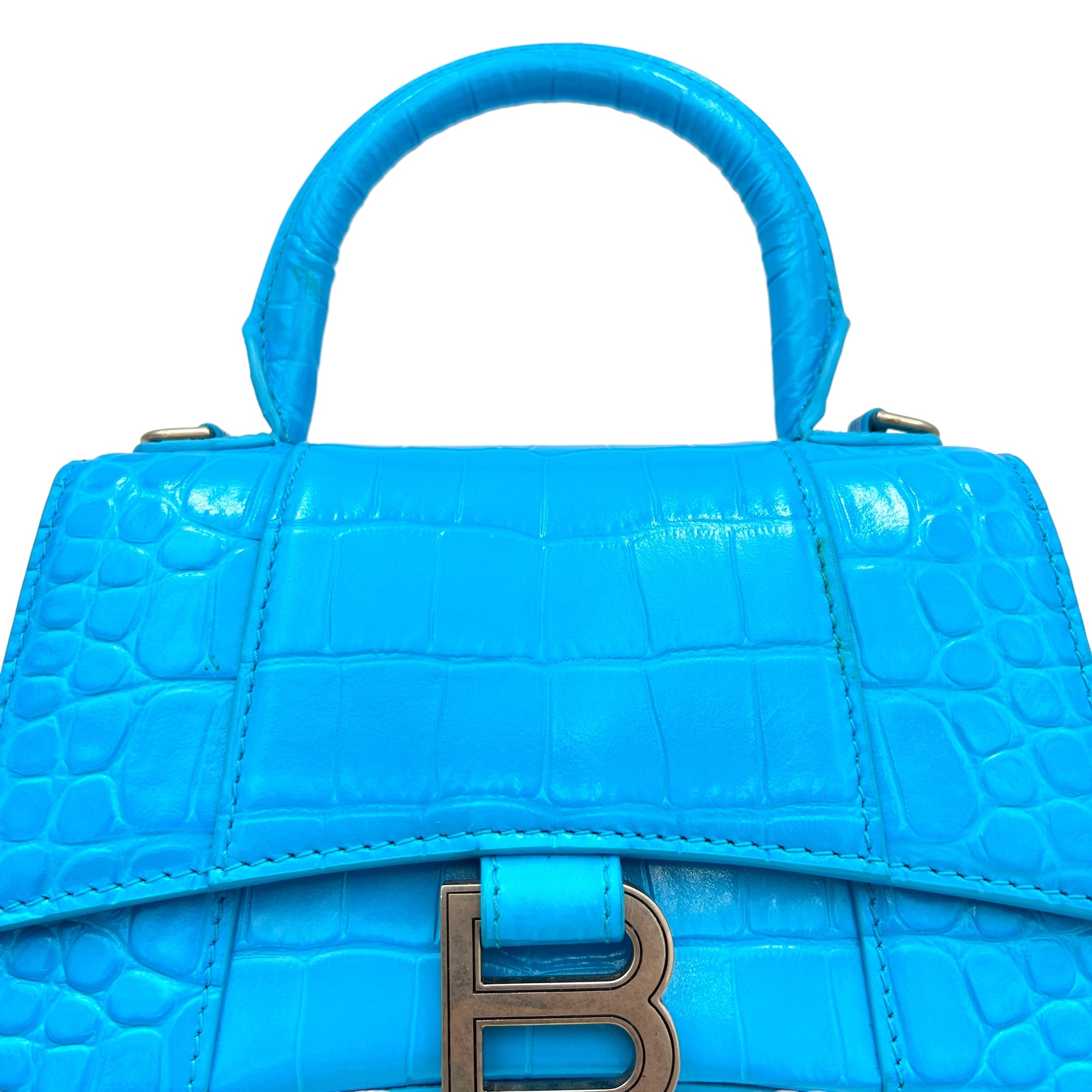 Hourglass XS Blue Top Handle Bag in Calfskin, Silver hardware