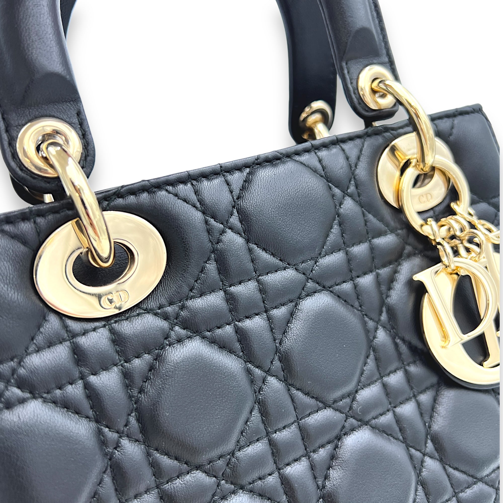 Lady Dior Small Black Top Handle Bag in Lambskin, Light Gold hardware