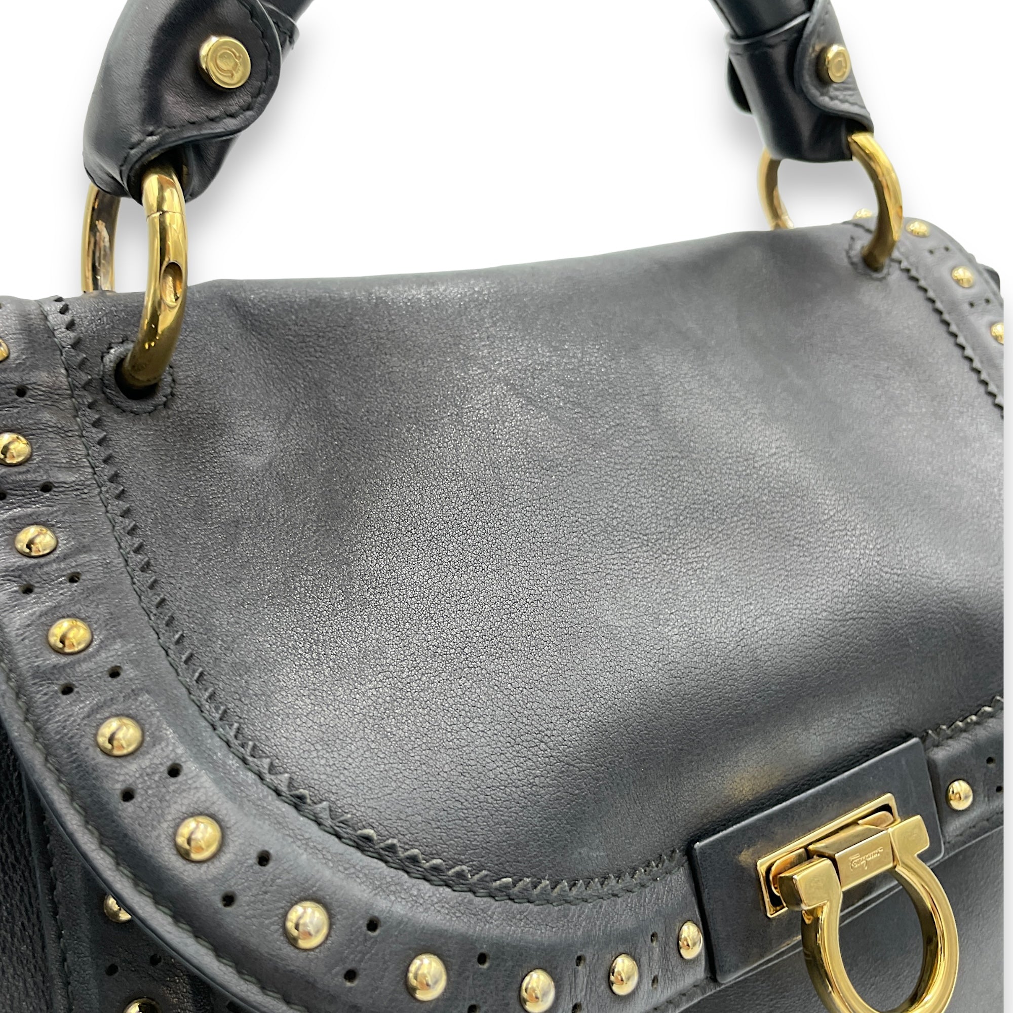 Gancini Top Handle Bag Black in Calfskin, Gold hardware