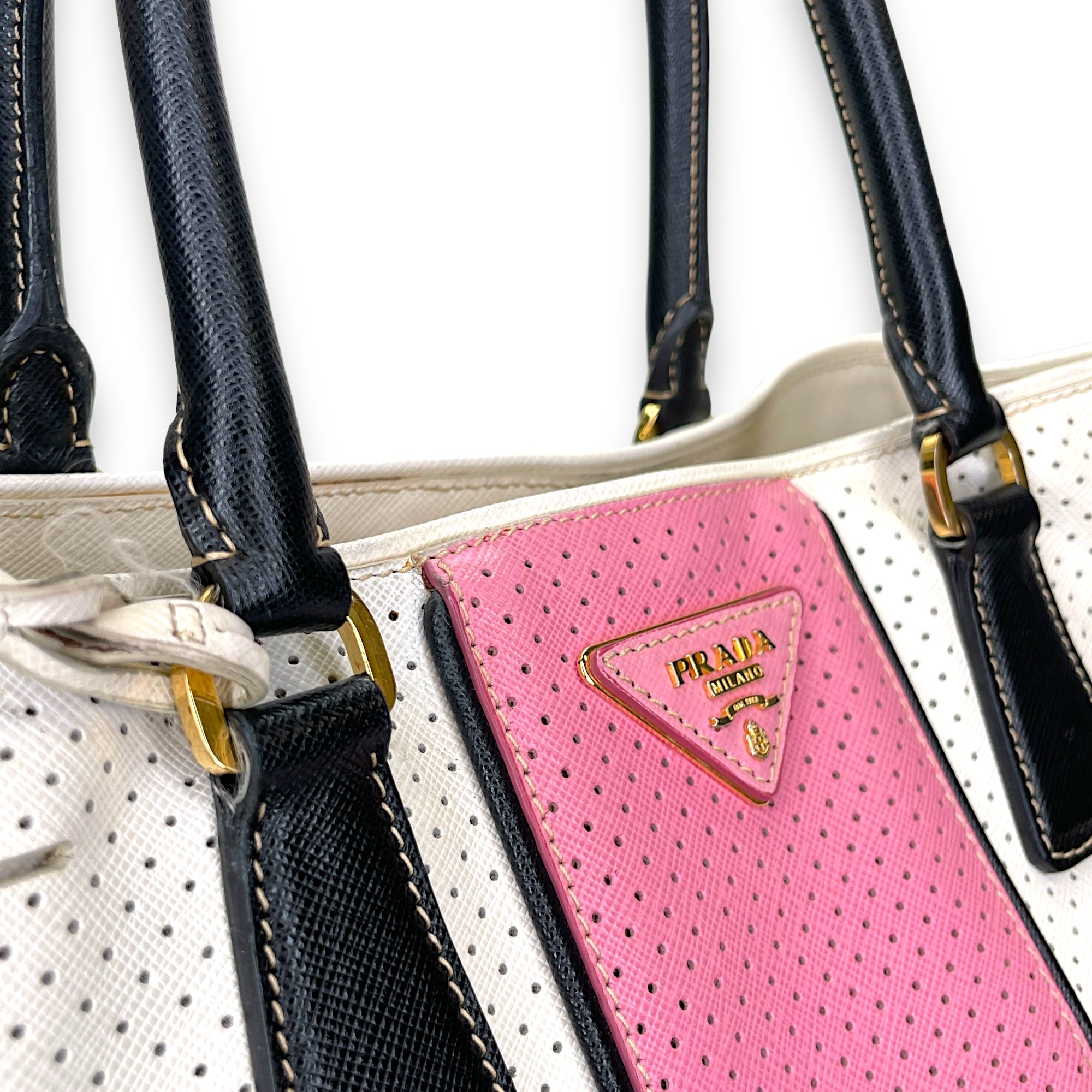 Perforated Galleria White Top Handle Bag in Calfskin, Gold hardware