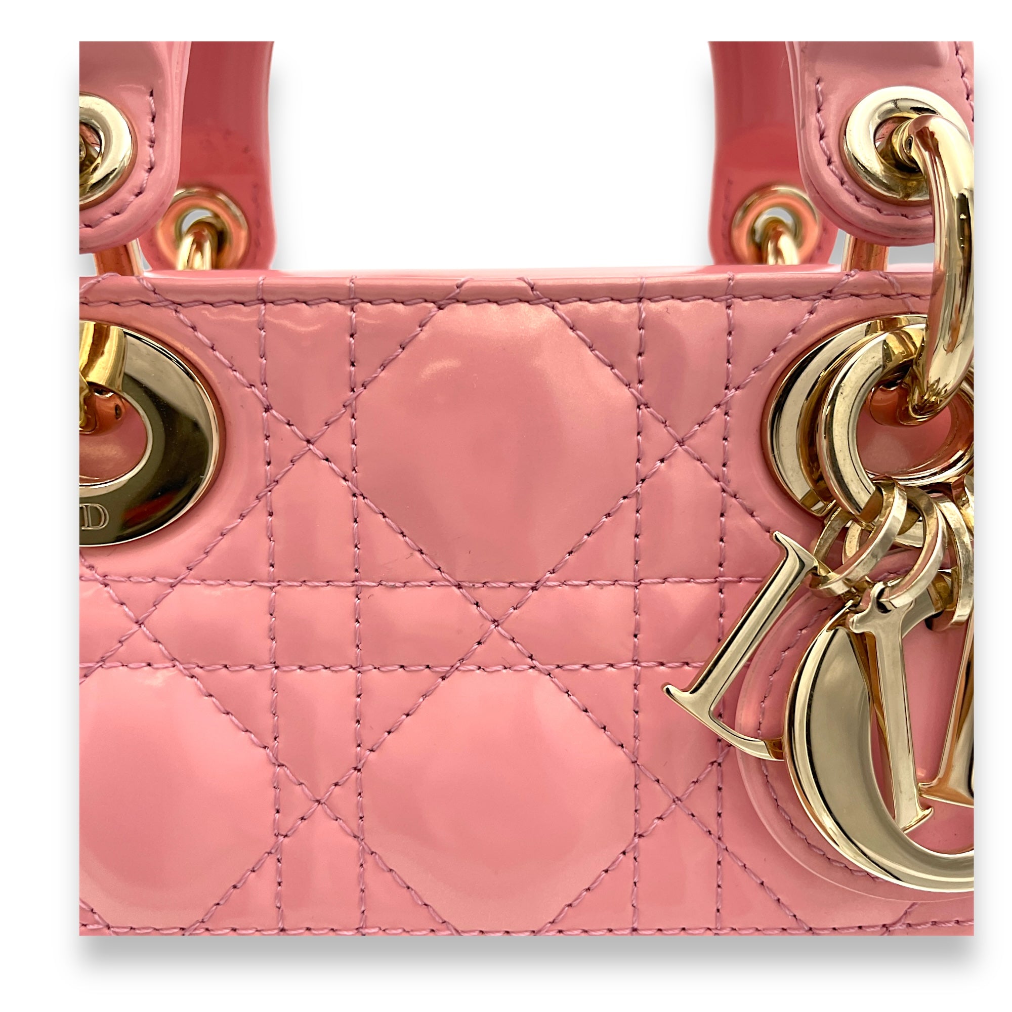 Lady D-Joy Small Pink Top Handle Bag in Patent Leather, Gold hardware