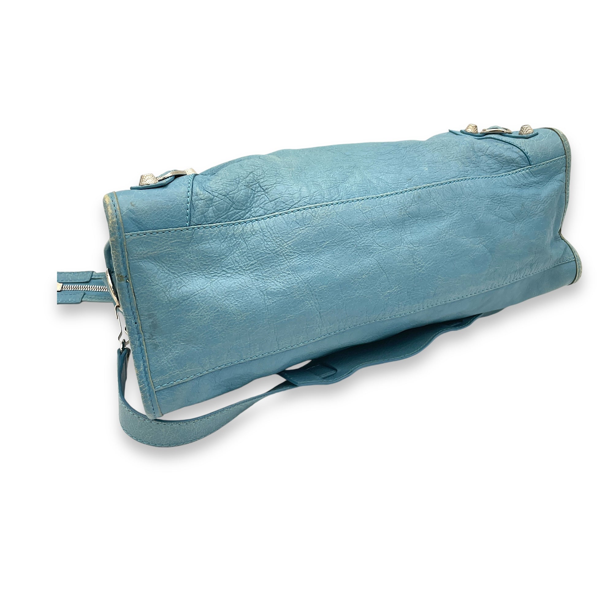 City Medium Blue Top Handle Bag in Distressed Leather, Silver hardware