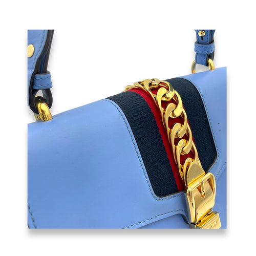 Sylvie Small Blue Shoulder Bag in Calfskin, Gold hardware