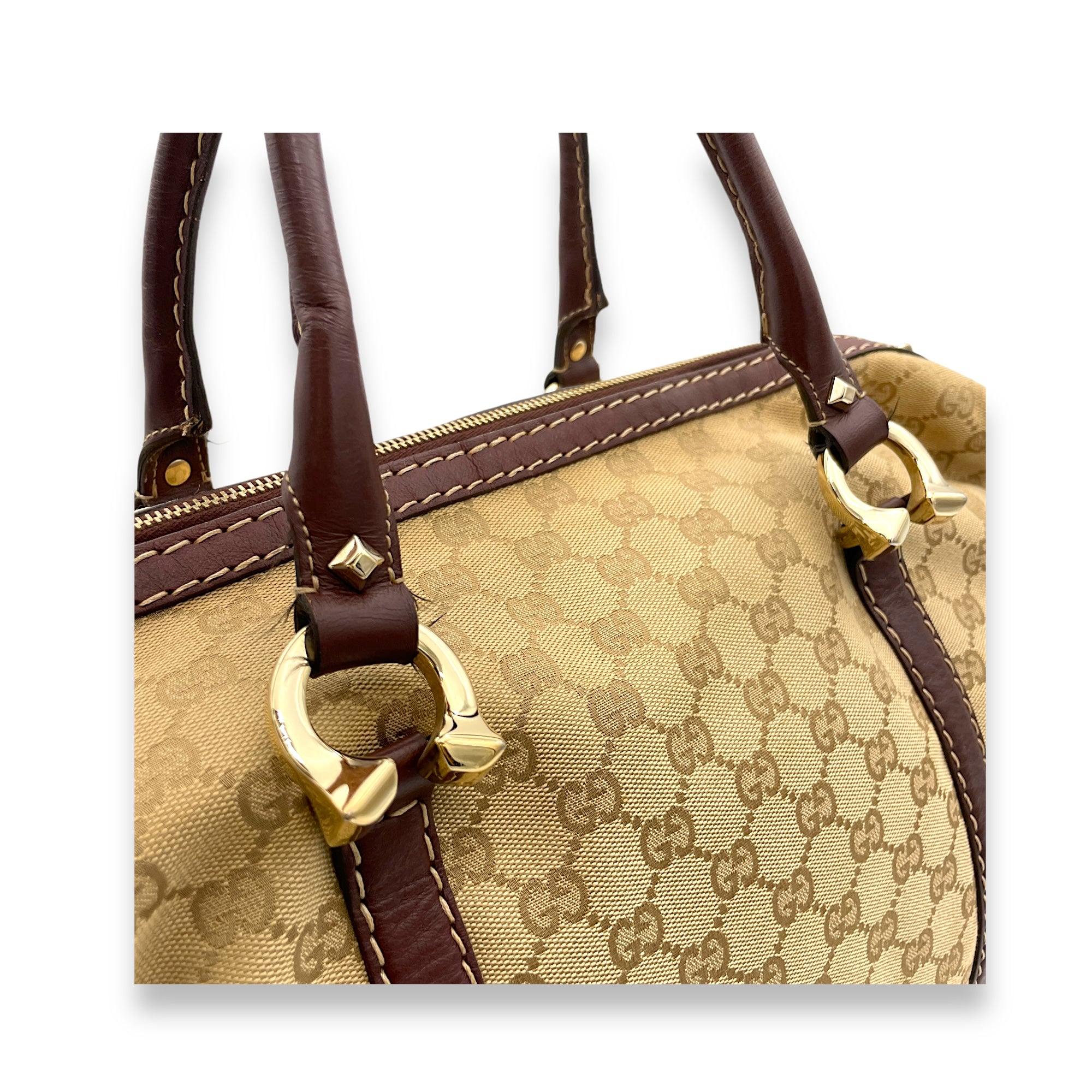 Horsebit Nail Boston  Top Handle Bag Brown in Canvas, Gold hardware