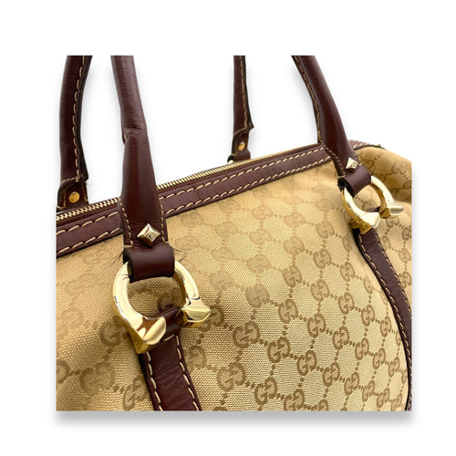 Horsebit Nail Boston  Top Handle Bag Brown in Canvas, Gold hardware