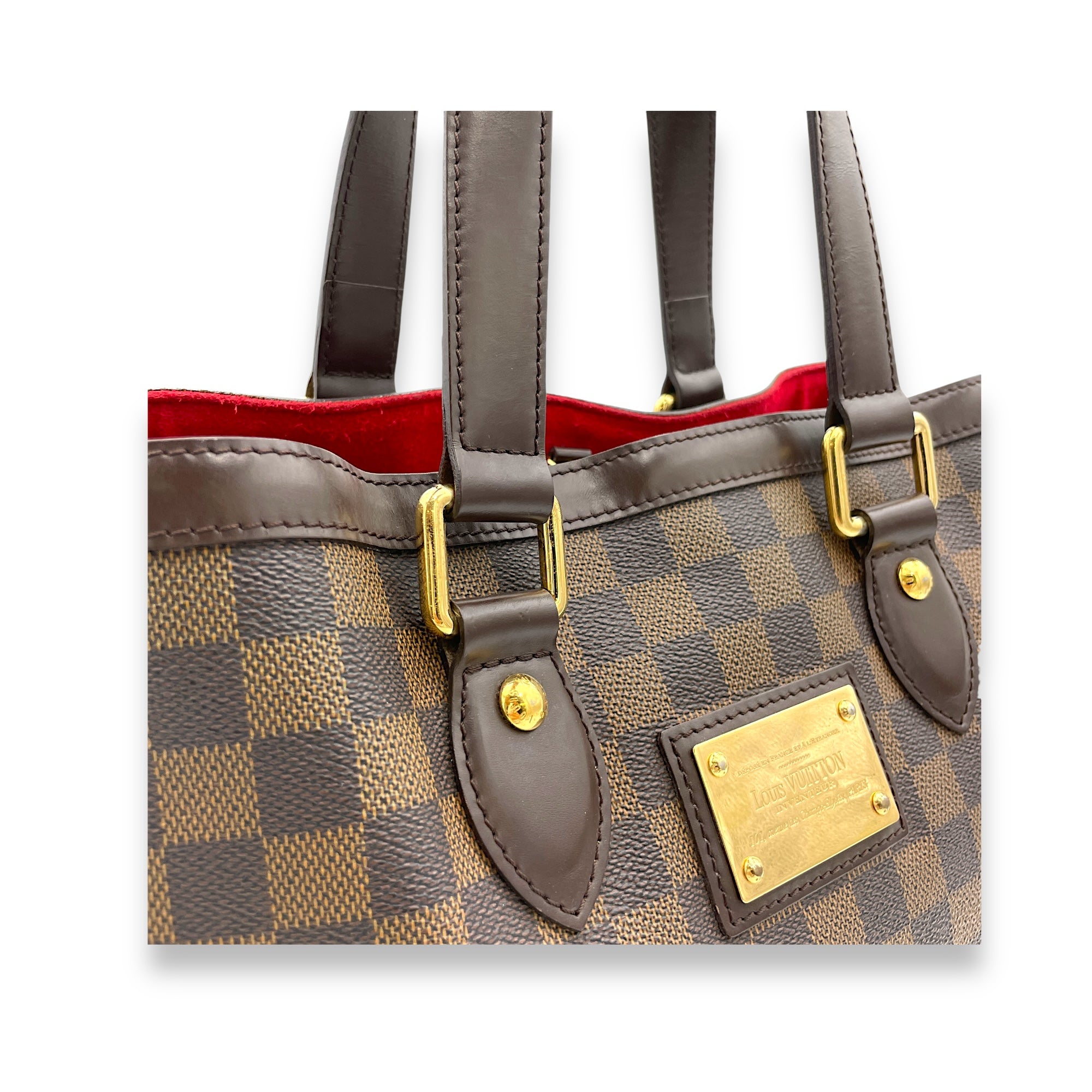 Hampstead PM Damier Ebene Top Handle Bag in Coated Canvas, Gold hardware