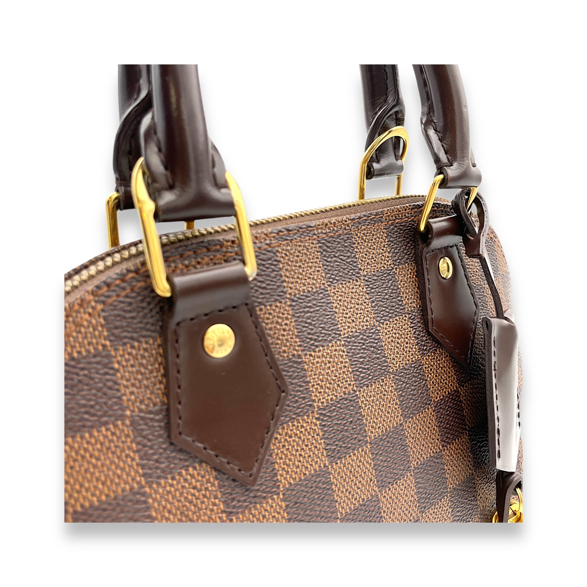 Alma BB Damier Ebene Top Handle Bag in Coated Canvas, Gold hardware