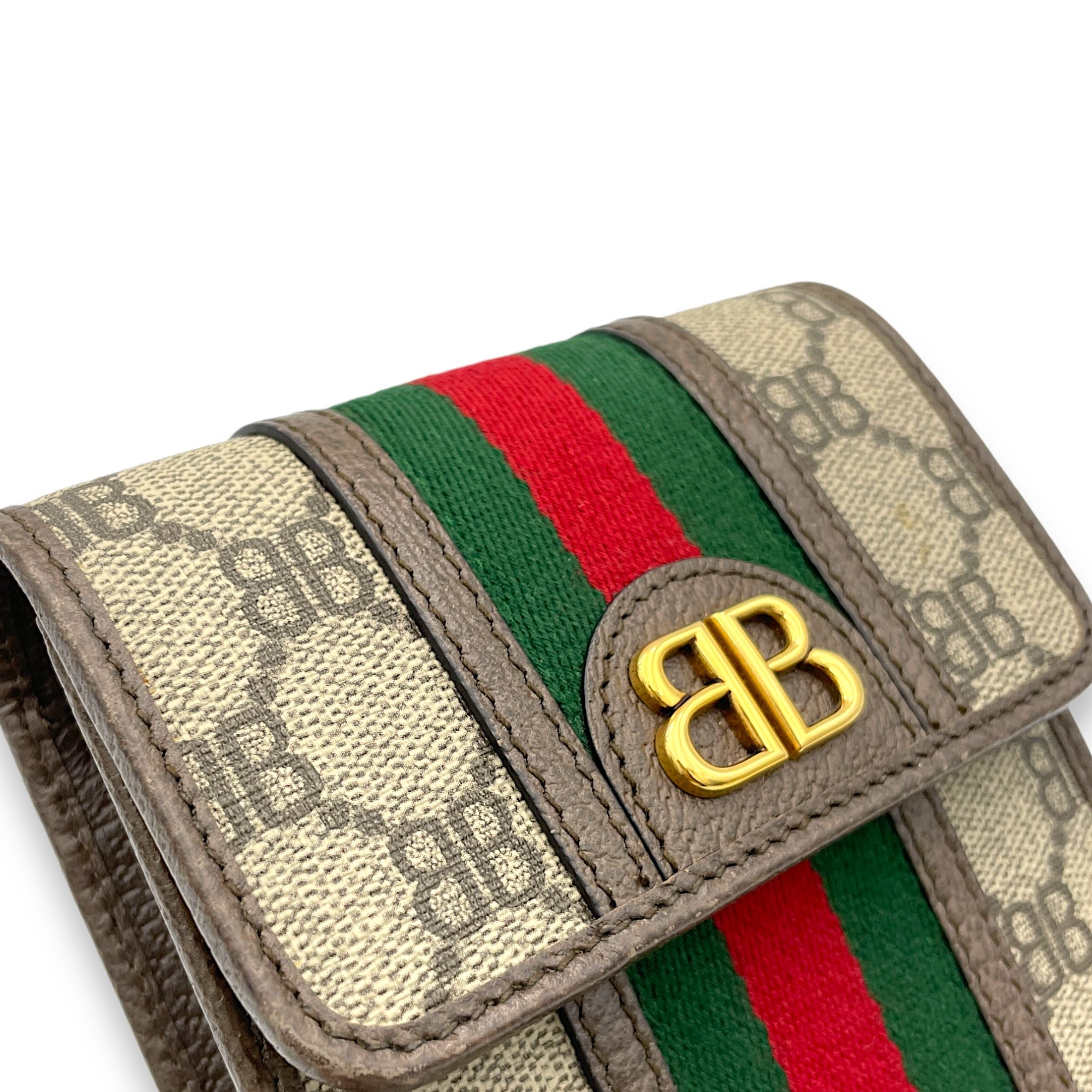 x Gucci The Hacker Project Web Phone Crossbody Bag Brown in Monogram Coated Canvas, Gold hardware