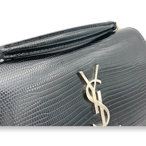 Sunset Black Crossbody Bag in Lizard Embossed, Silver hardware