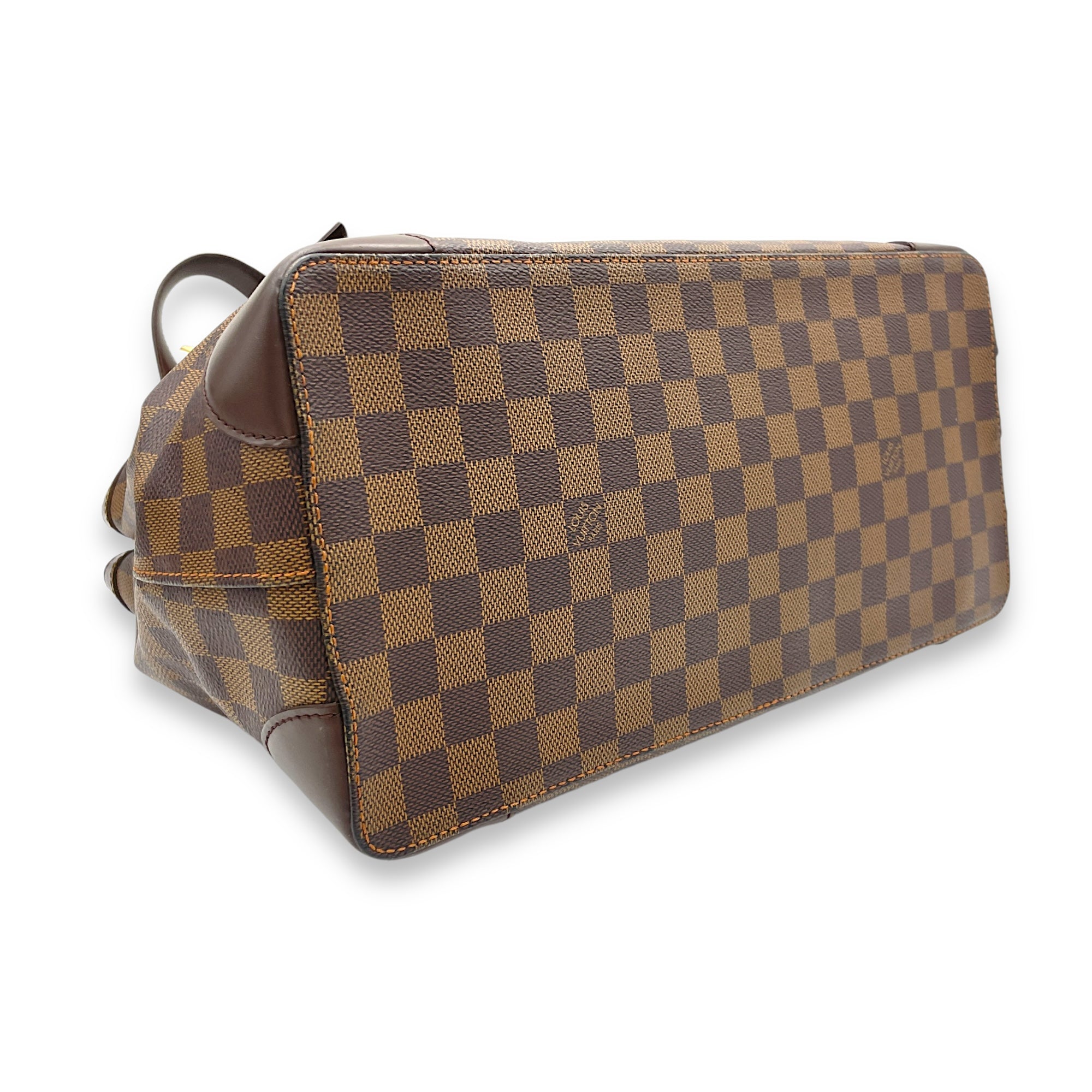 Hampstead MM Damier Ebene Top Handle Bag in Coated Canvas, Gold hardware