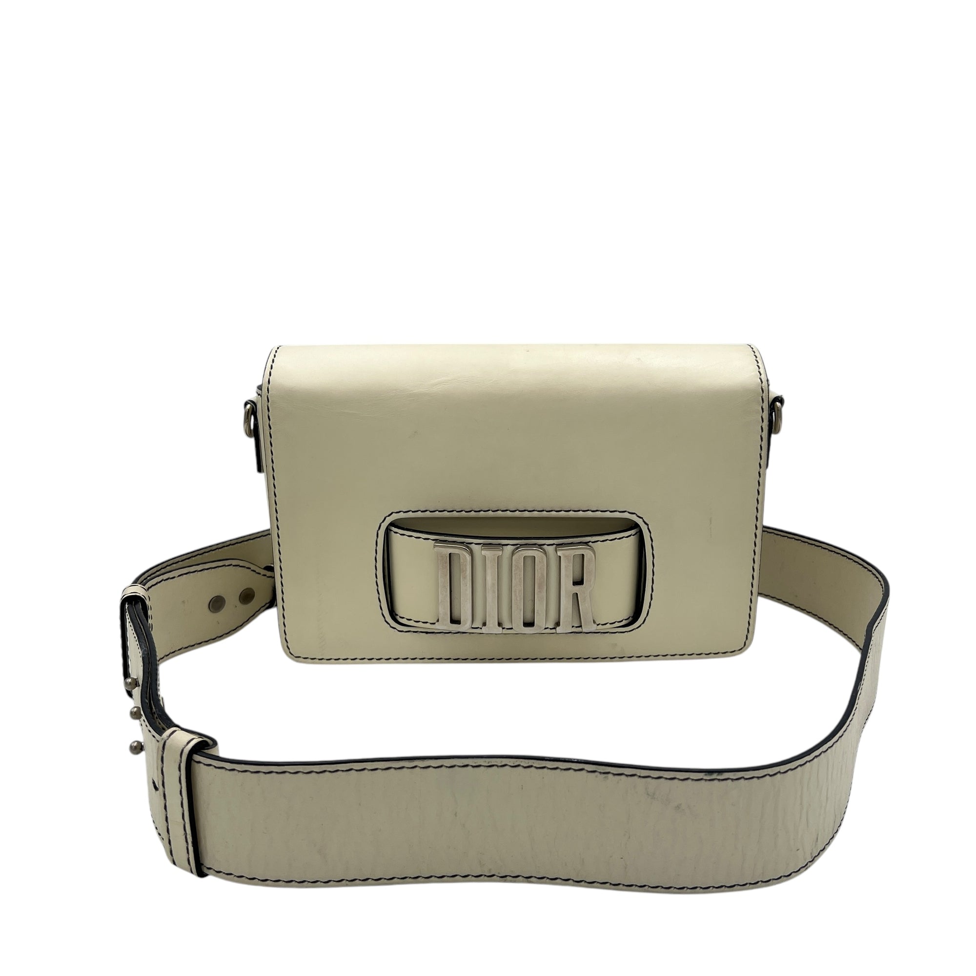 J'adior White Crossbody Bag in Calfskin, Silver hardware