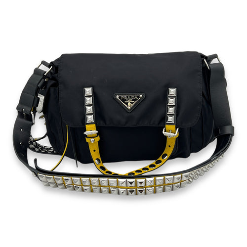 Studded Crossbody Bag Small Black in Nylon, Silver hardware