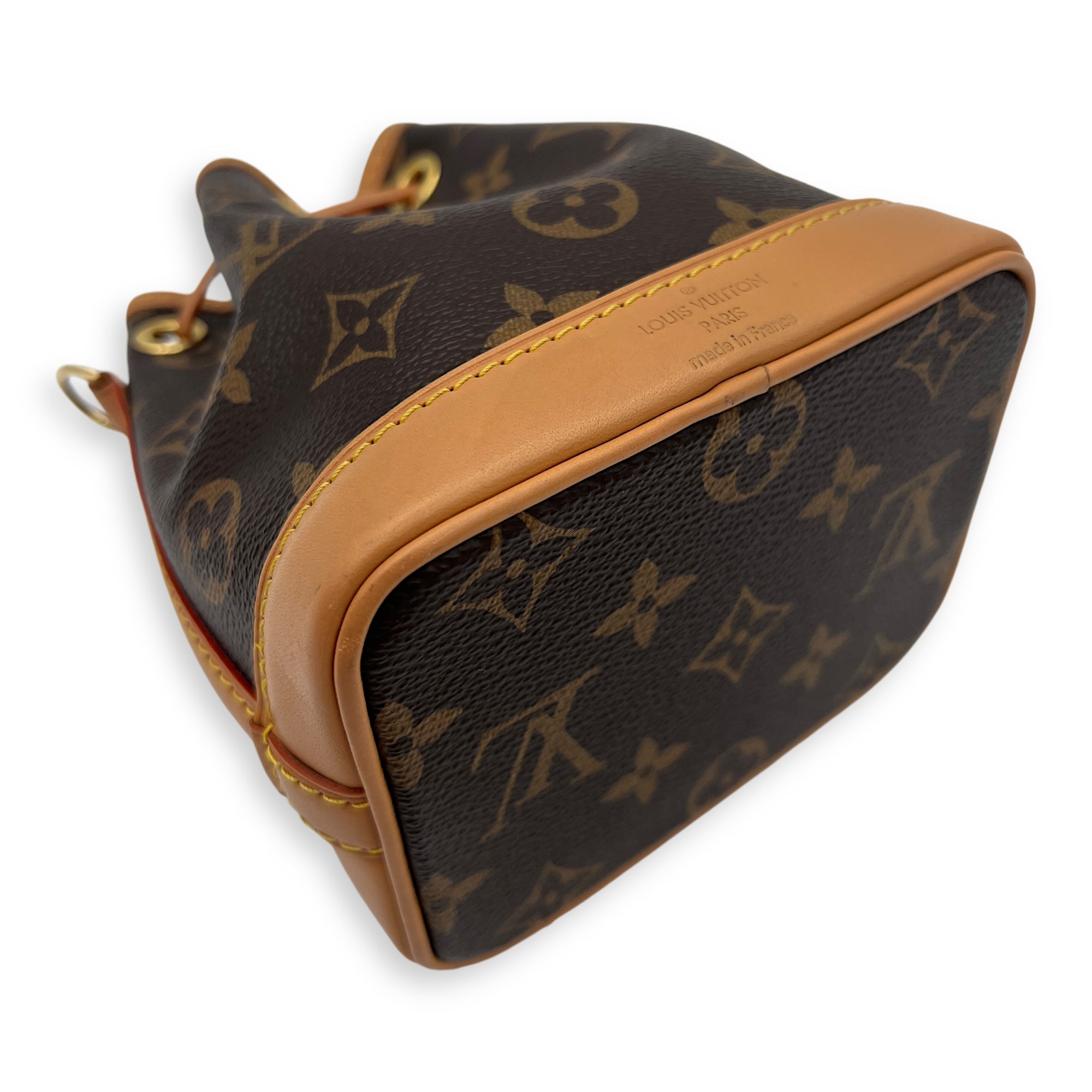 Noe Top Handle Bag Nano Brown in Monogram Coated Canvas, Gold hardware