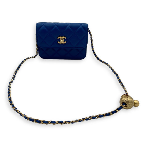 Pearl Crush Mini Blue Wallet On Chain in Calfskin, Gold hardware