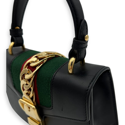 Sylvie Mini Black Top Handle Bag in Calfskin, Gold hardware