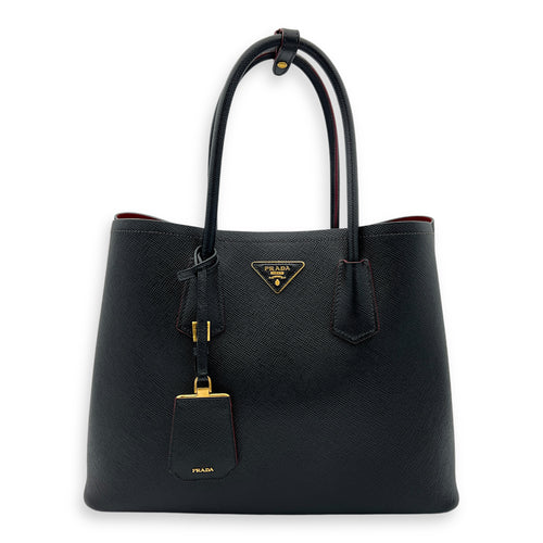 Double Top Handle Bag Black in Saffiano Leather, Gold hardware