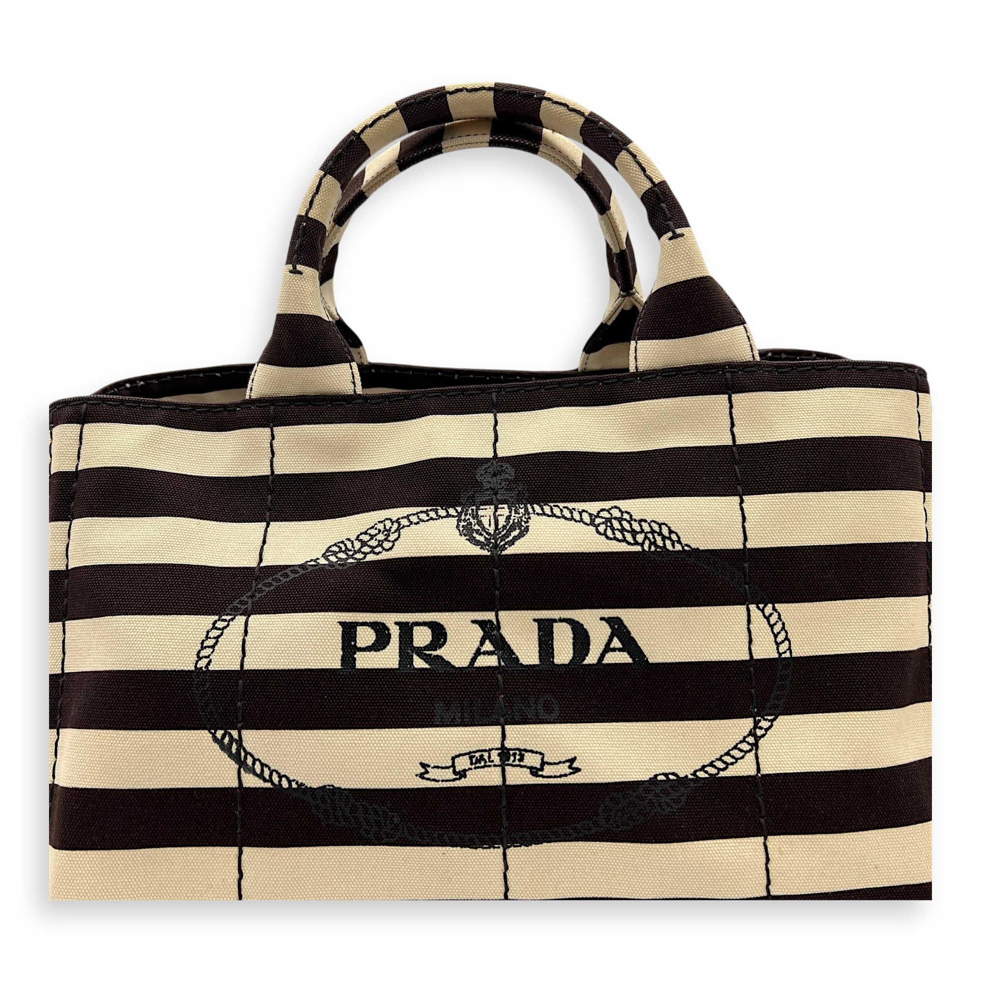 Prada Canapa Top Handle Bag Brown in Canvas, Gold hardware_8