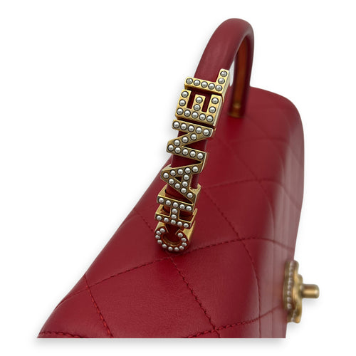 Chanel CC Pearl Top Handle Bag Red in Lambskin, Gold hardware_8