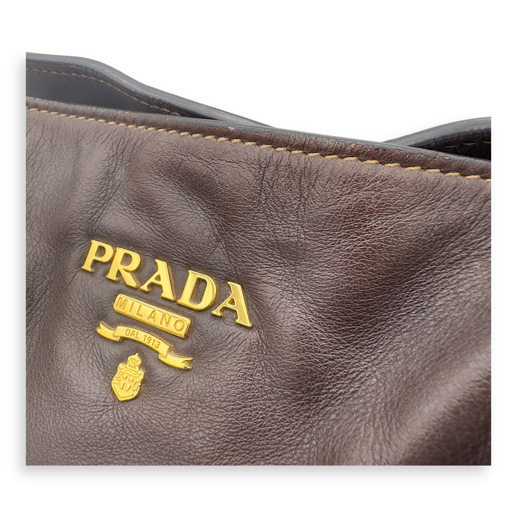 Prada Logo Brown Top Handle Bag in Calfskin, Gold hardware_15