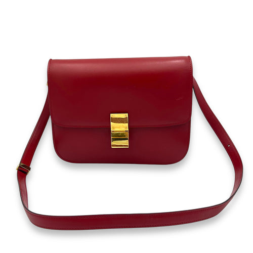 Celine Box Medium Red Shoulder Bag in Calfskin, Gold hardware_9