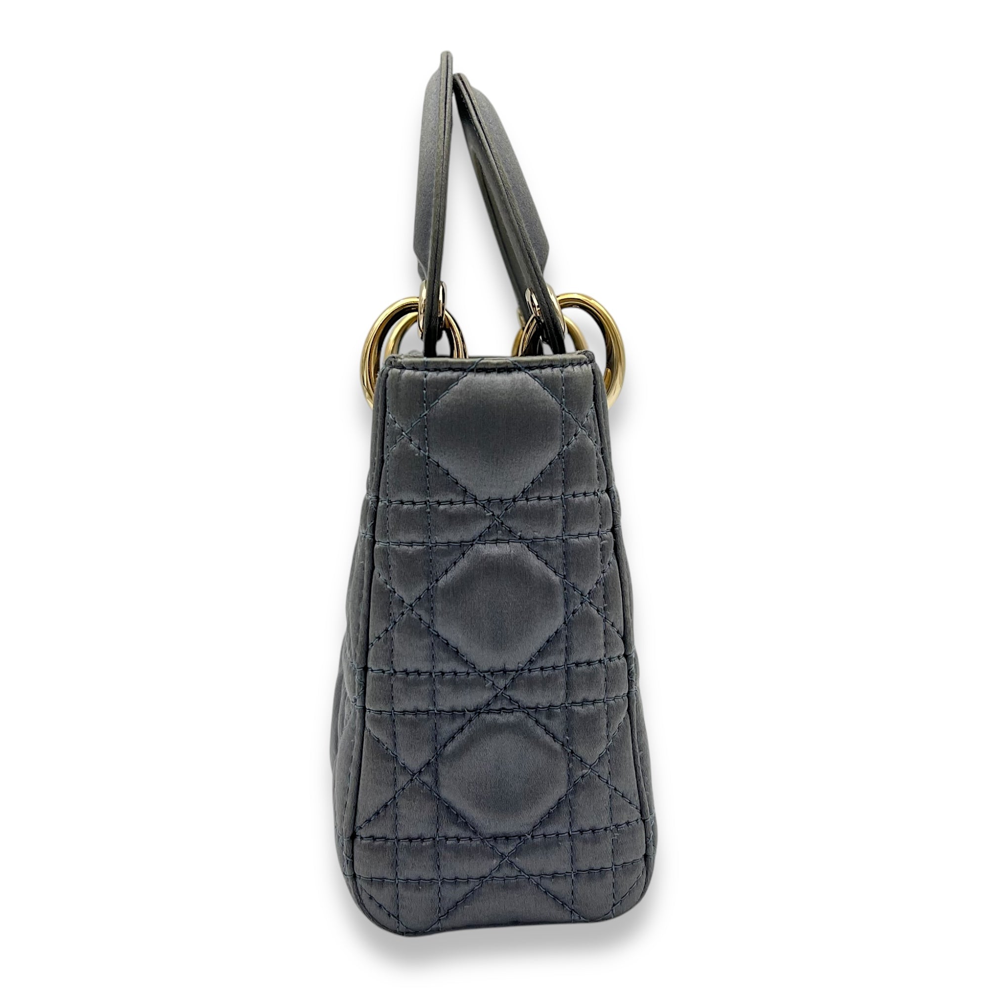 Christian Dior Lady Dior Top Handle Bag Mini Grey in Satin, Gold hardware_3