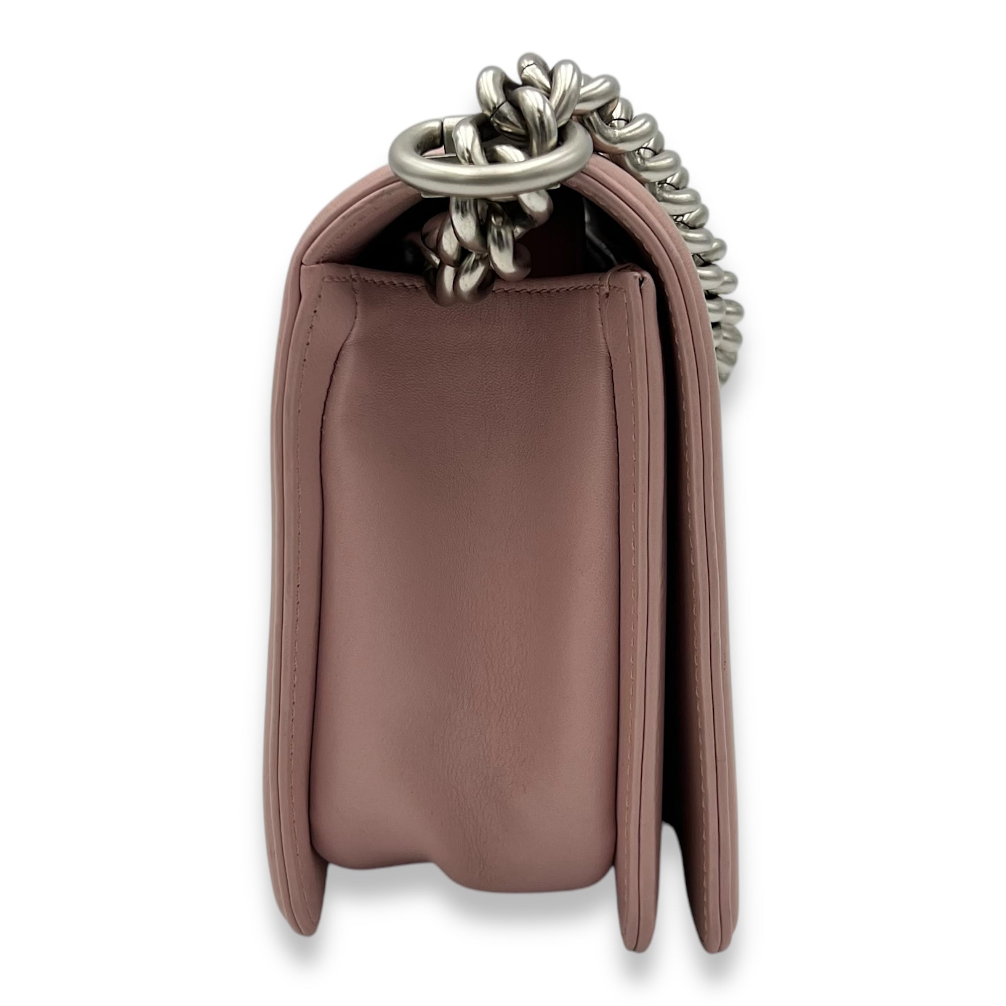 Chanel Boy Crossbody Bag Medium Pink in Calfskin, Silver hardware_3