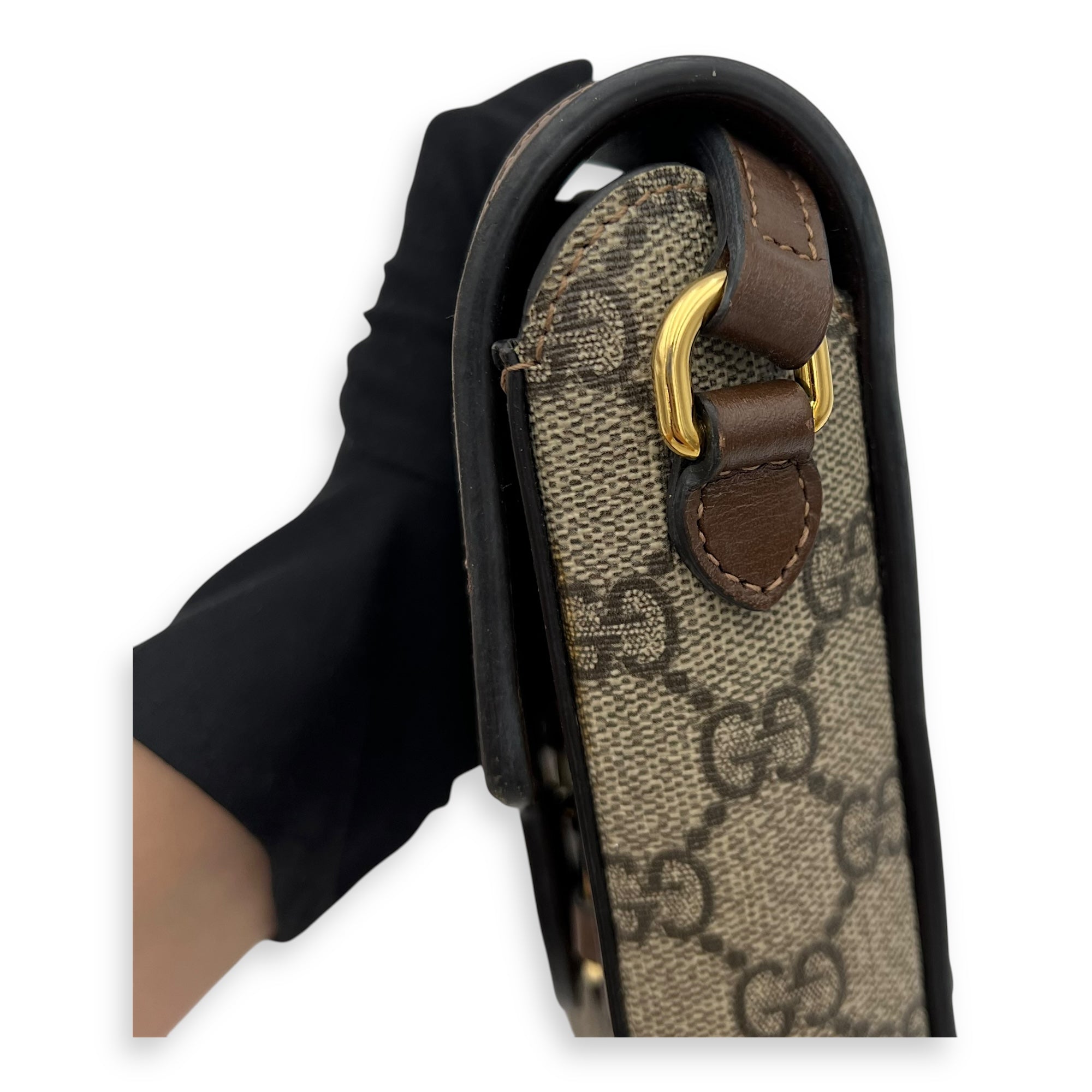Gucci Horsebit 1955 Shoulder Bag Brown in Monogram Coated Canvas, Gold hardware_7