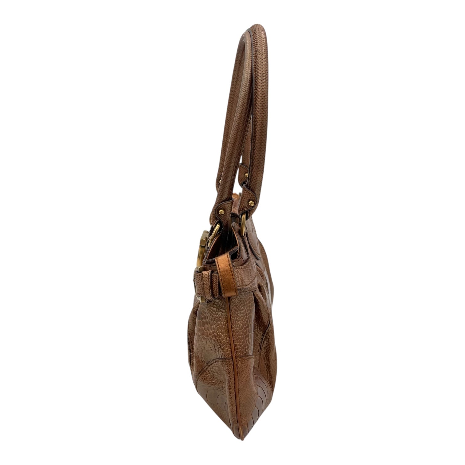 Salvatore Ferragamo Gancini Shoulder Bag Brown in Python Embossed Calfskin, Gold hardware_4