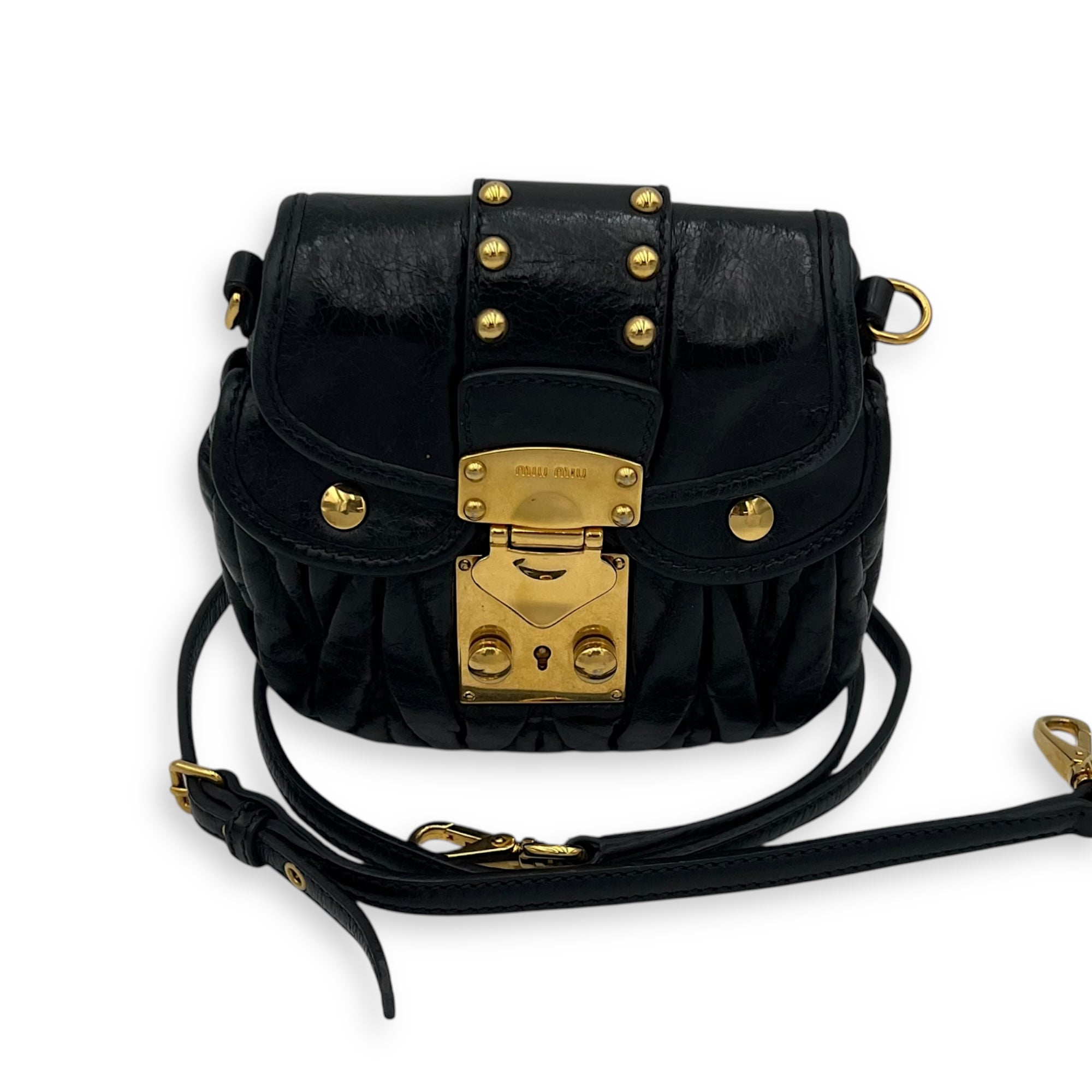 Miu Miu Coffer Crossbody Bag Black in Calfskin, Gold hardware_12