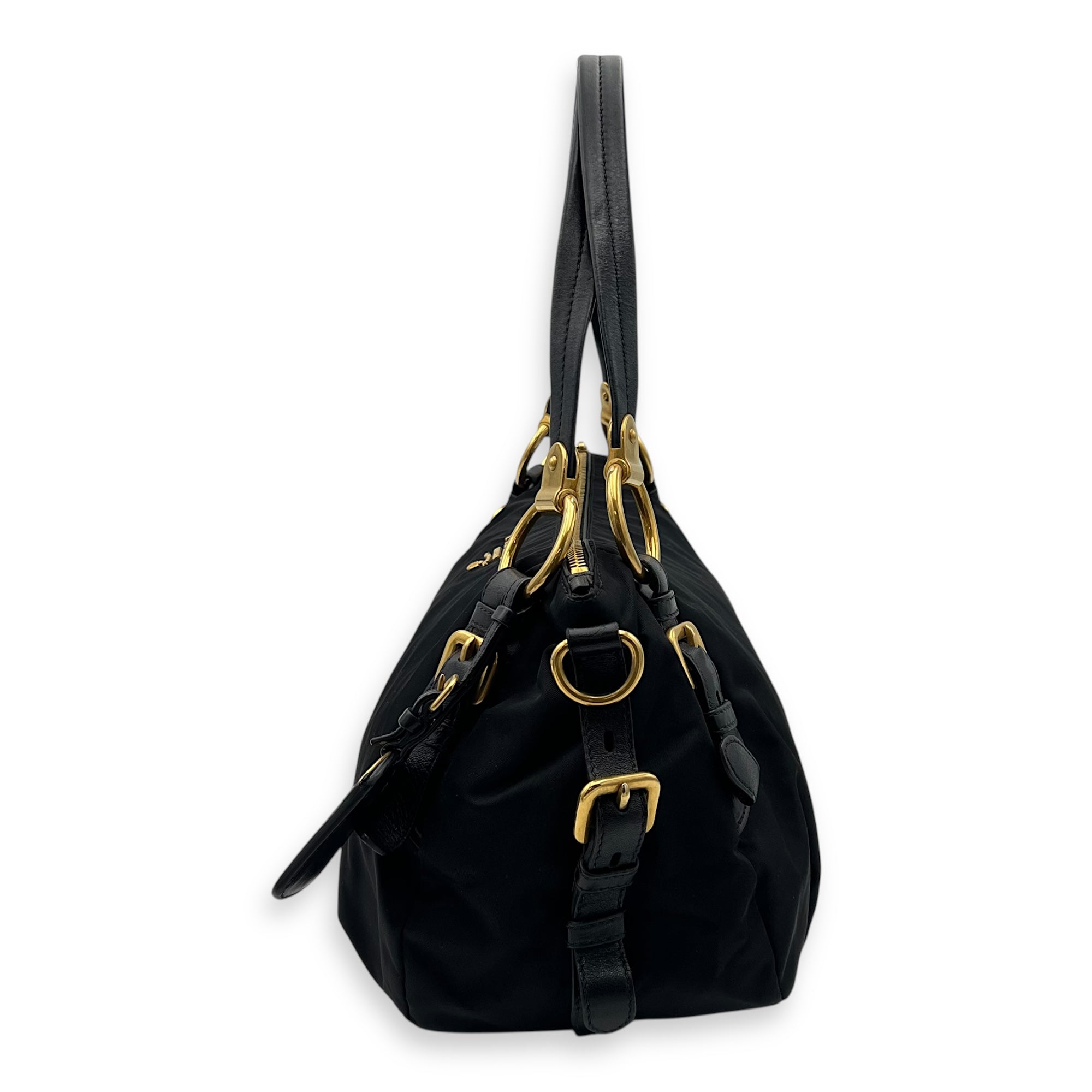 Prada Logo Top Handle Bag Black in Nylon, Gold hardware_4