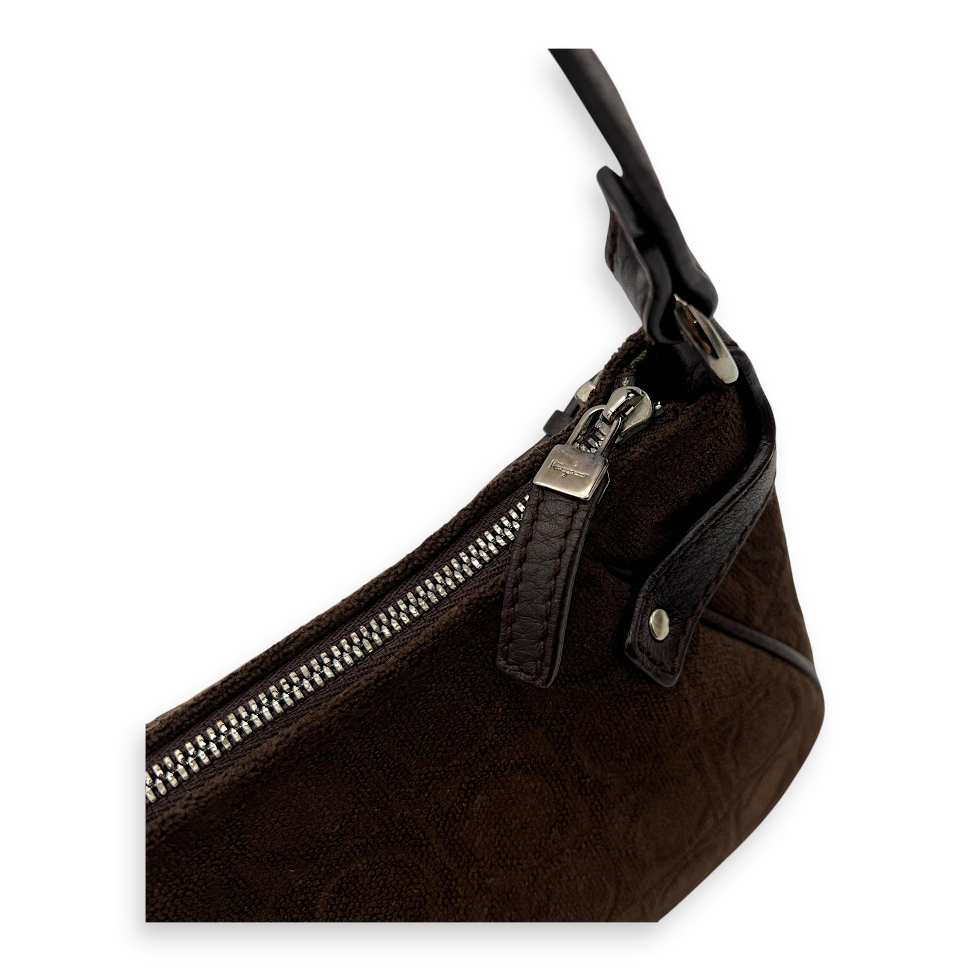 Salvatore Ferragamo Gancini Brown Shoulder Bag in Fabric, Silver hardware_7