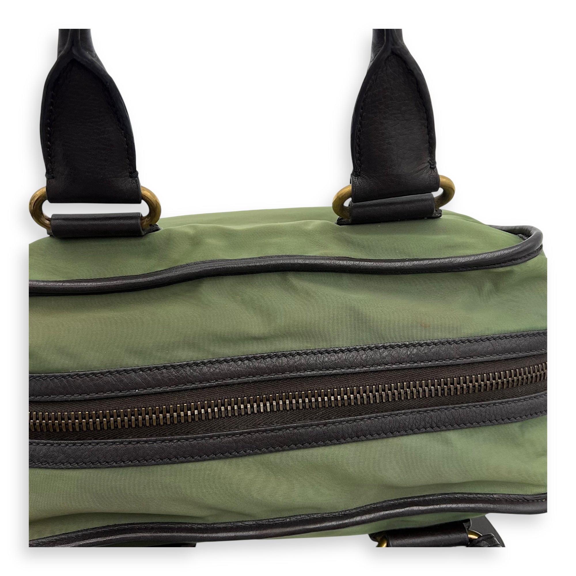 Prada Logo Top Handle Bag Green in Nylon, Gold hardware_11