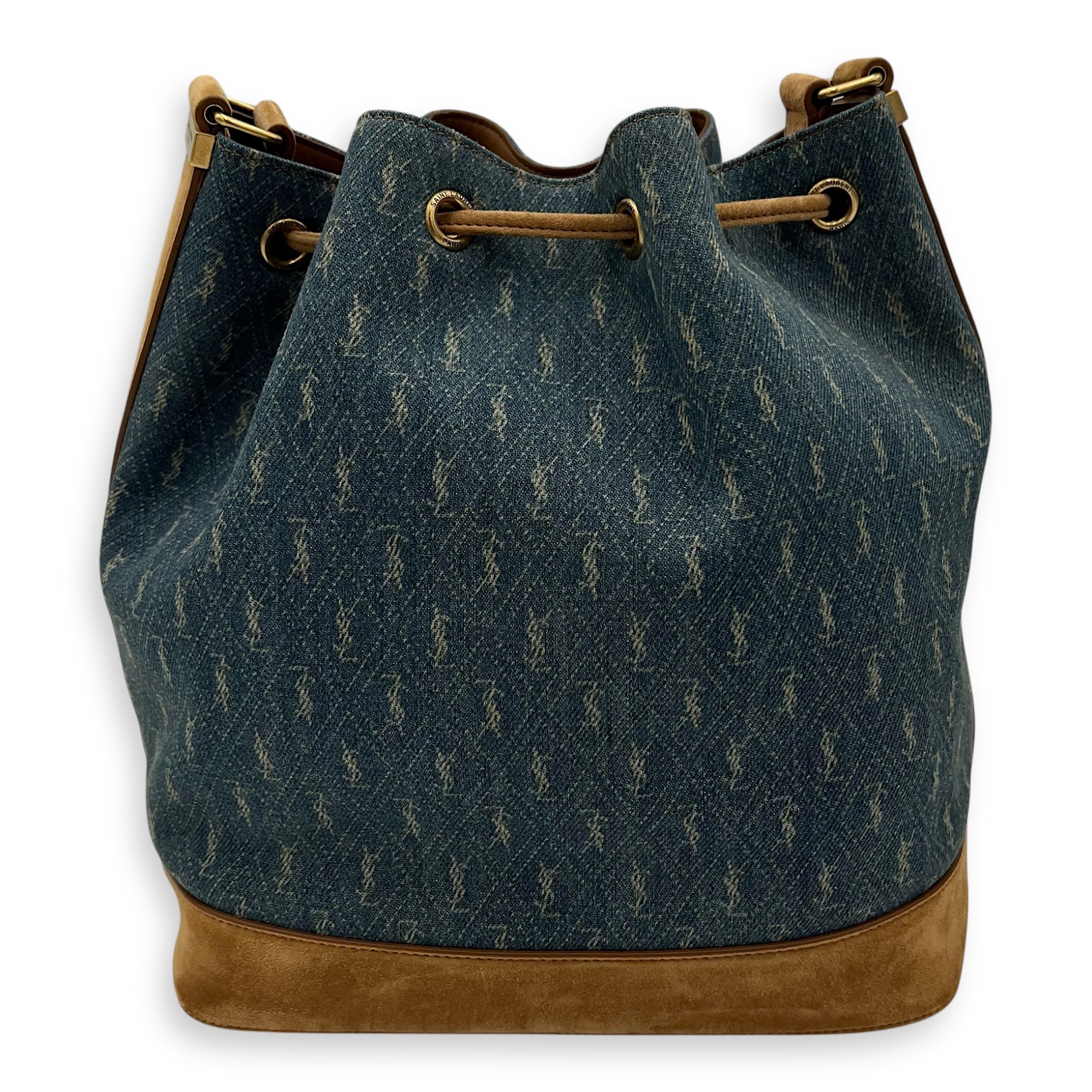 Saint Laurent All Over Bucket Bag Blue in Denim, Gold hardware_2