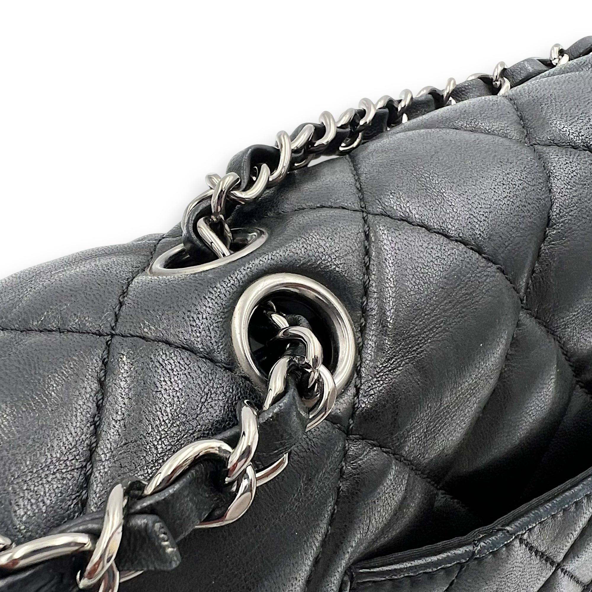 Chanel Accordion Triple Shoulder Bag Black in Lambskin, Silver hardware_17