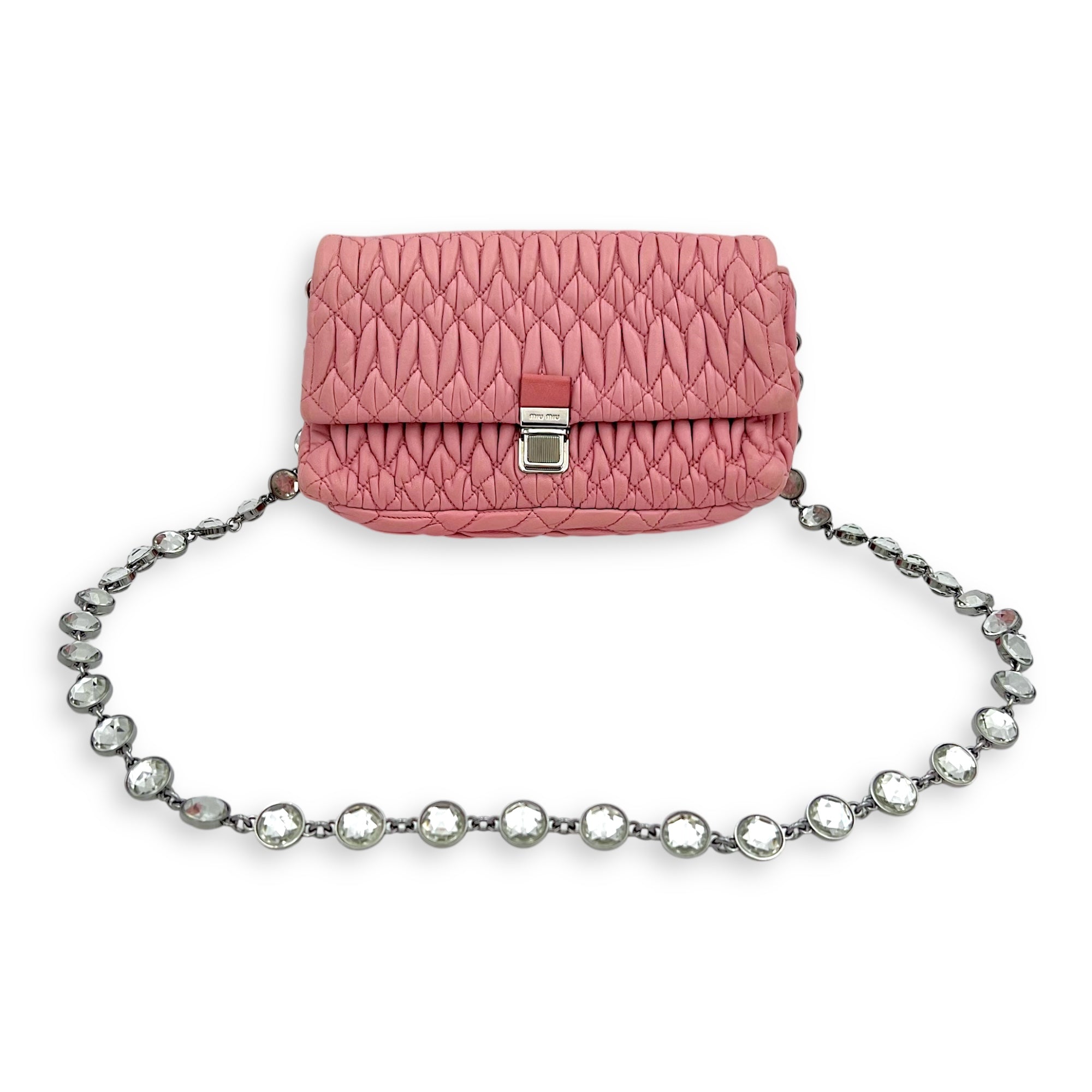 Miu Miu Matelassé Shoulder Bag Pink in Lambskin, Silver hardware_17