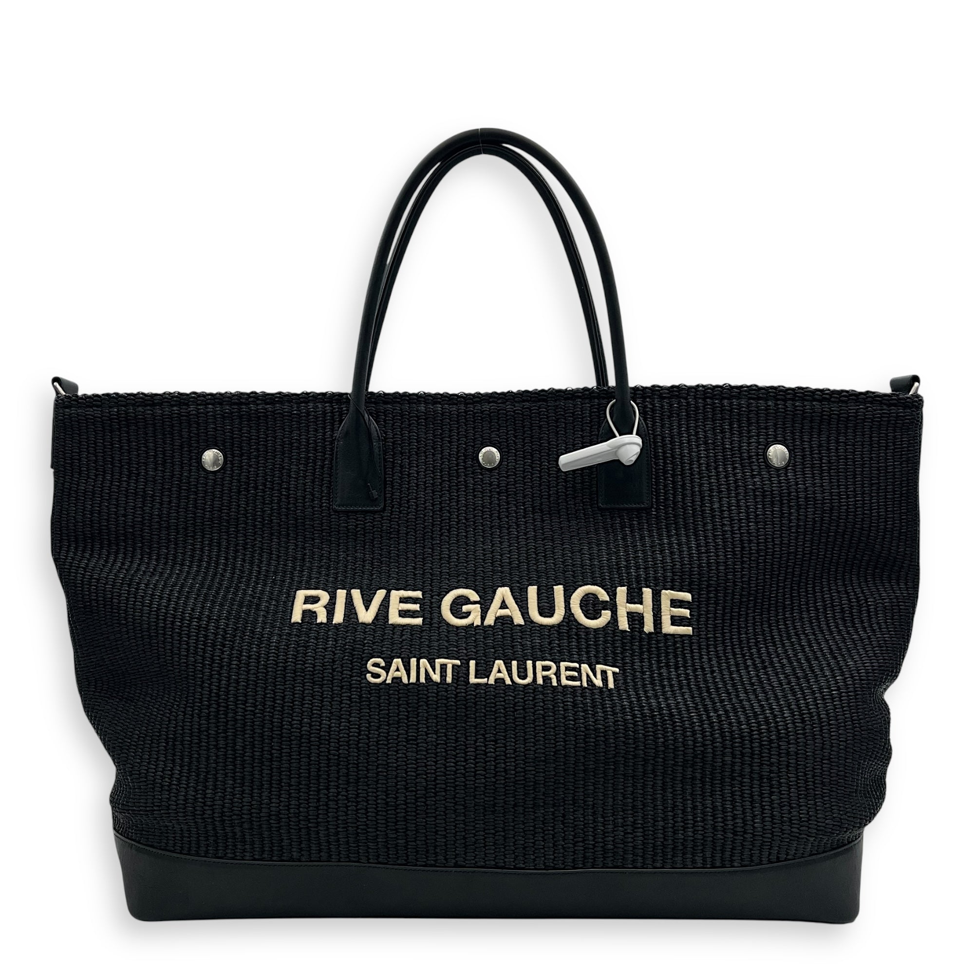 Saint Laurent Rive Gauche Tote Bag Black in Raffia, Silver hardware_1
