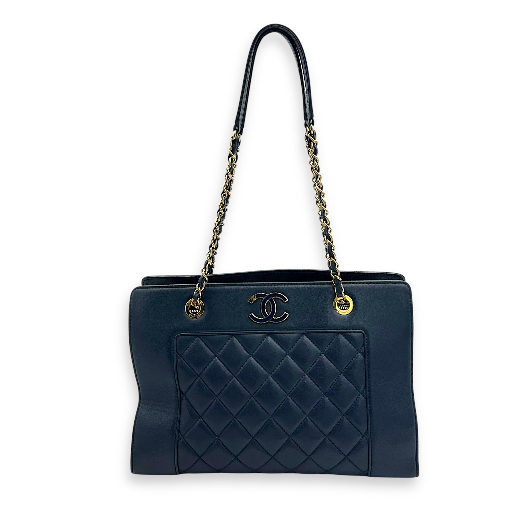 Chanel CC Shoulder Bag Blue in Calfskin, Gold hardware_17