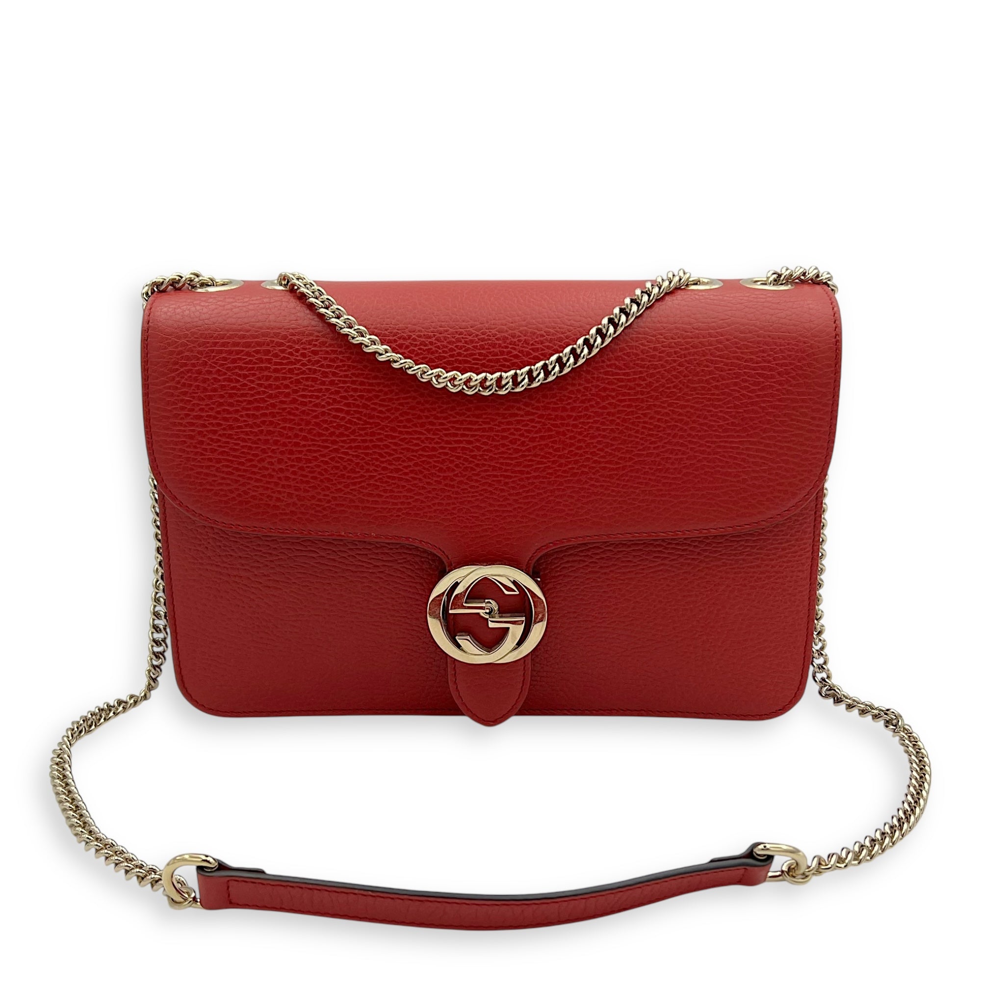 Gucci Interlocking G Shoulder Bag Red in Calfskin, Gold hardware_17