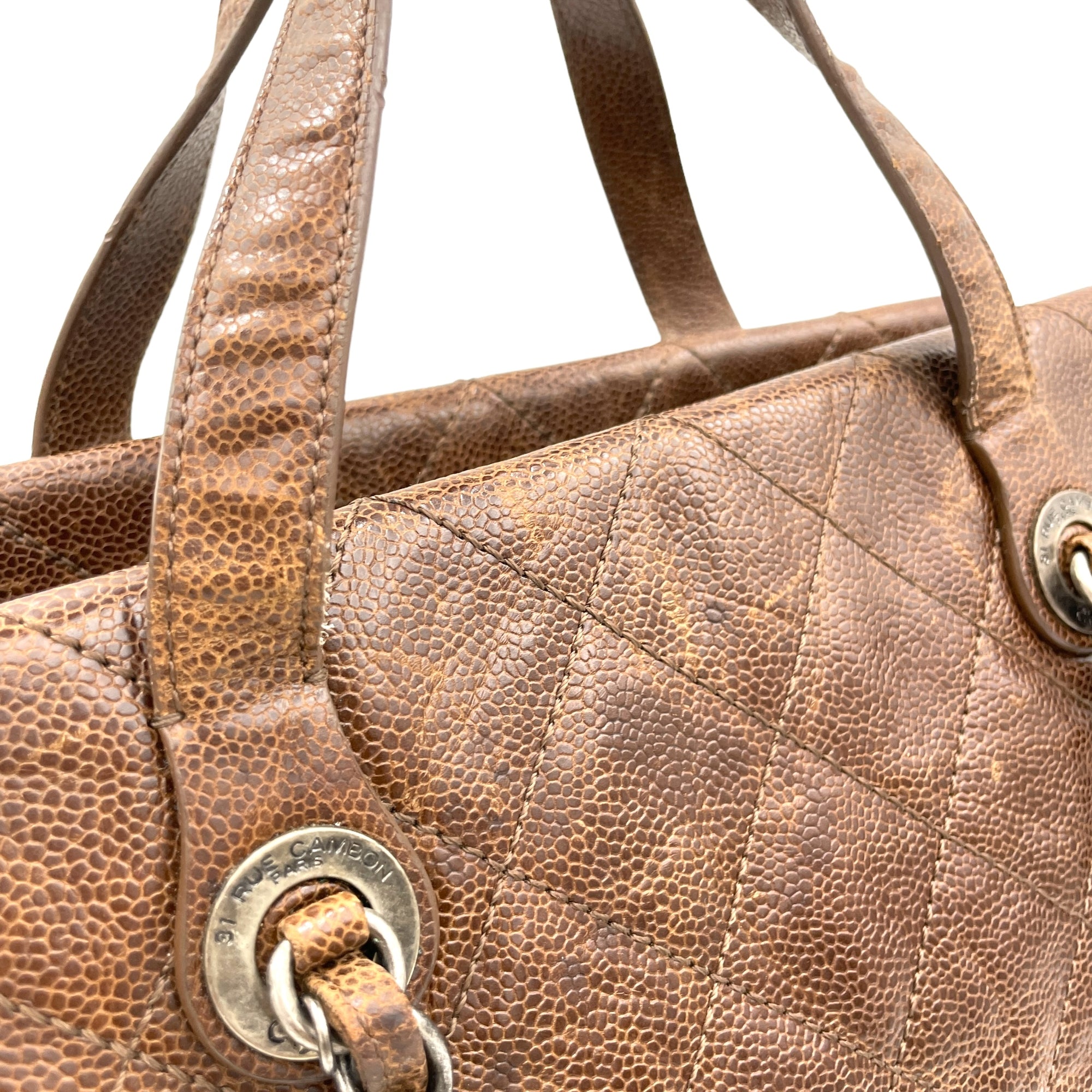 Two-way Brown Top Handle Bag in Caviar Leather, Ruthenium hardware