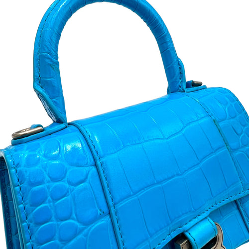 Hourglass XS Blue Top Handle Bag in Calfskin, Silver hardware