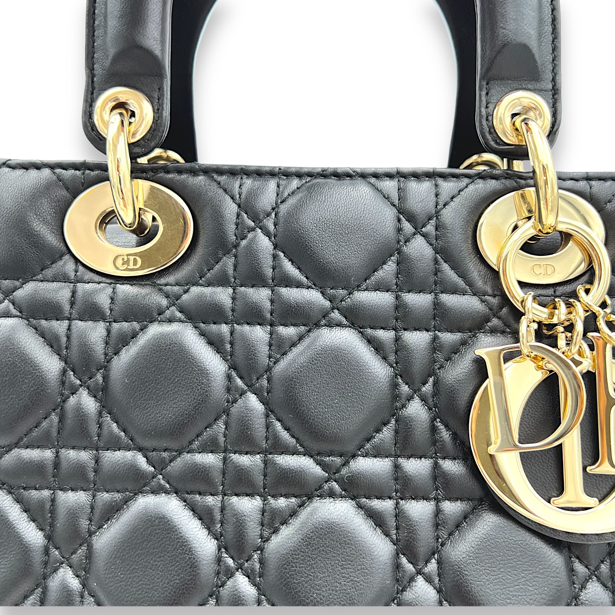 Lady Dior Small Black Top Handle Bag in Lambskin, Light Gold hardware